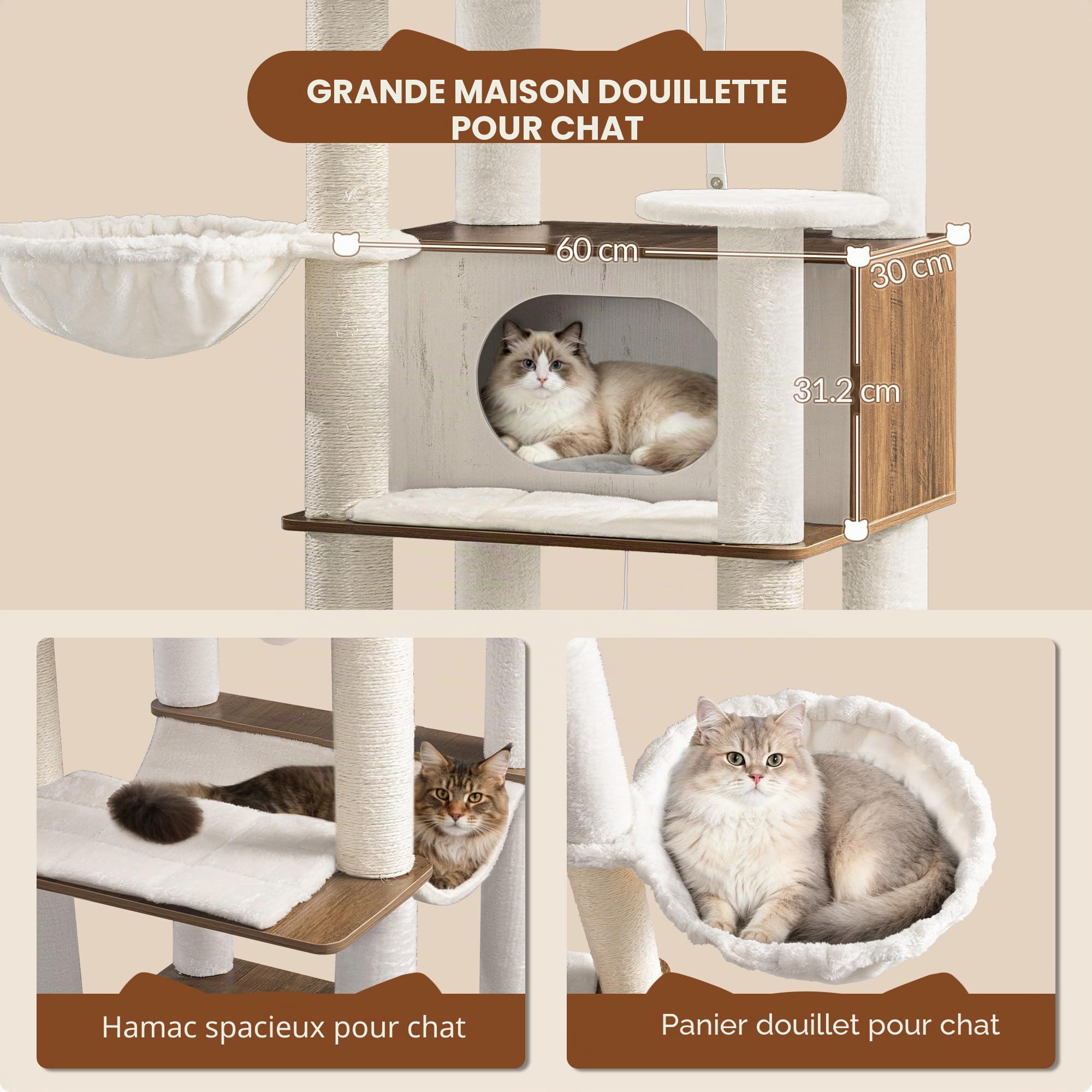 Arbre à Chat XXL, 208 cm Tour de Jeu, Marron et Blanc | Grande Niche et Hamac, 2 Plateformes, 5 Poteaux à griffer, Panier, Pom-poms, pour l'intérieur Moderne FPMS016PWR1