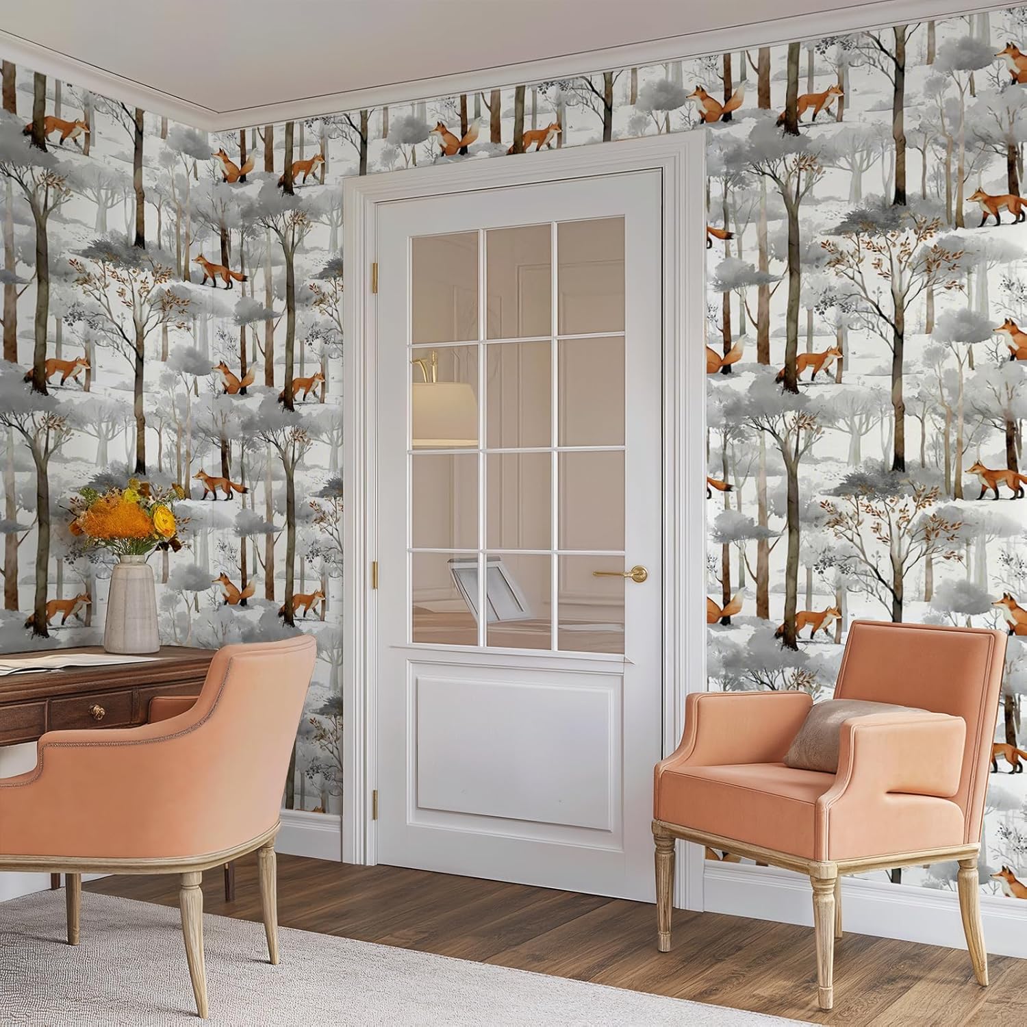 Watercolor Winter Forest Fox Wallpaper Peel and Stick Removable 17.7" x 118.11" Soft Natural Snowscape Wall Paper Self Adhesive for Classroom Bedroom Laundry Room Bathroom