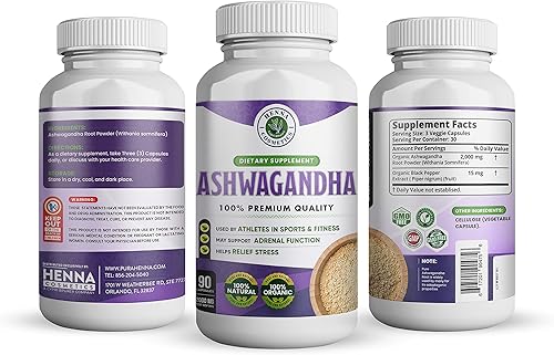 Miniatura 6 de Polvo de Ashwagandha 100% natural, puro, orgánico, 2000 mg, extracto de pimienta negra, suplemento herbario, 90 cápsulas