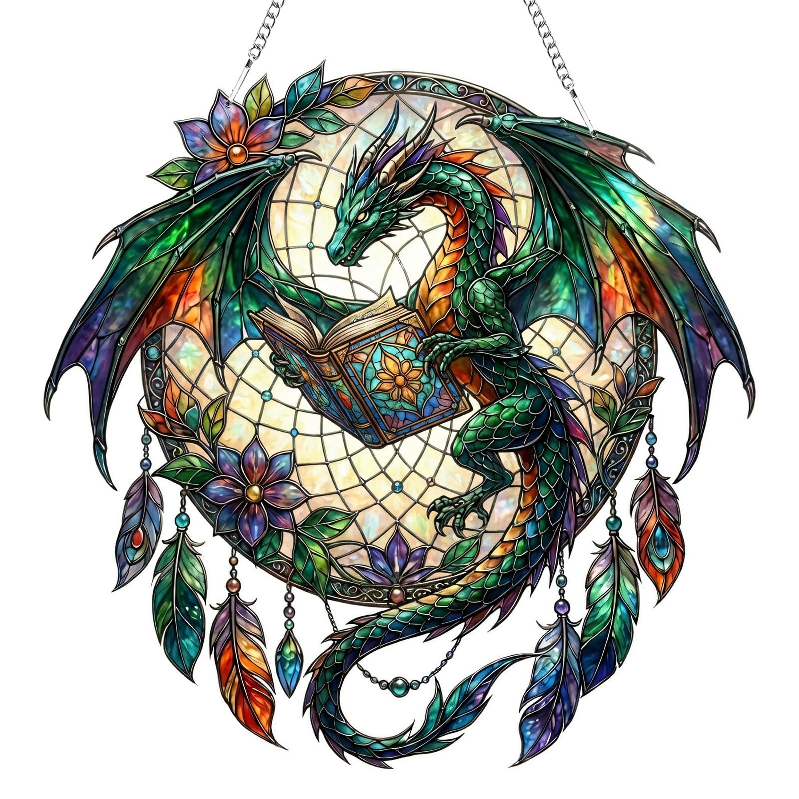 Book Dragon Suncatchers for Windows Hanging, Fourth Merch Wing Sun Catcher, Stained Glass Window Hanging Ornament, Acrylic Sun Catchers Indoor Window for Garden, Home, Indoor, Outdoor Decor