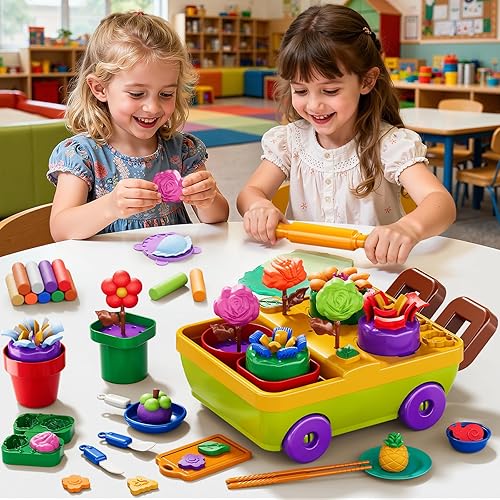 Miniatura 5 de Juego de 50 piezas de arcilla de juego de jardín de flores florecientes para niños de 3 a 5 años, accesorios de cocina con carrito, platos de