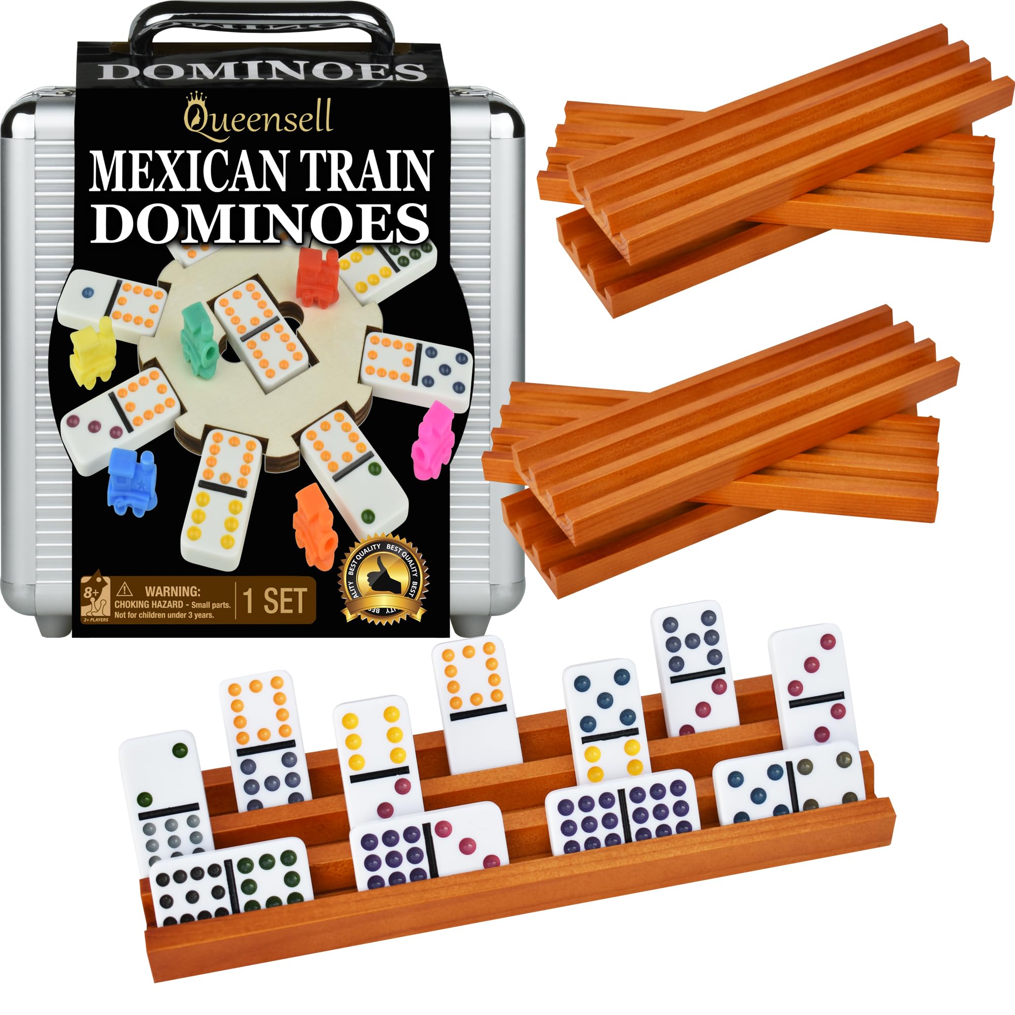 Mexican Train Dominoes Set with 8 Holders - Wooden Hub and Tiles Holders - Double 12 Tiles with Dots (D12 + 8 Holders)