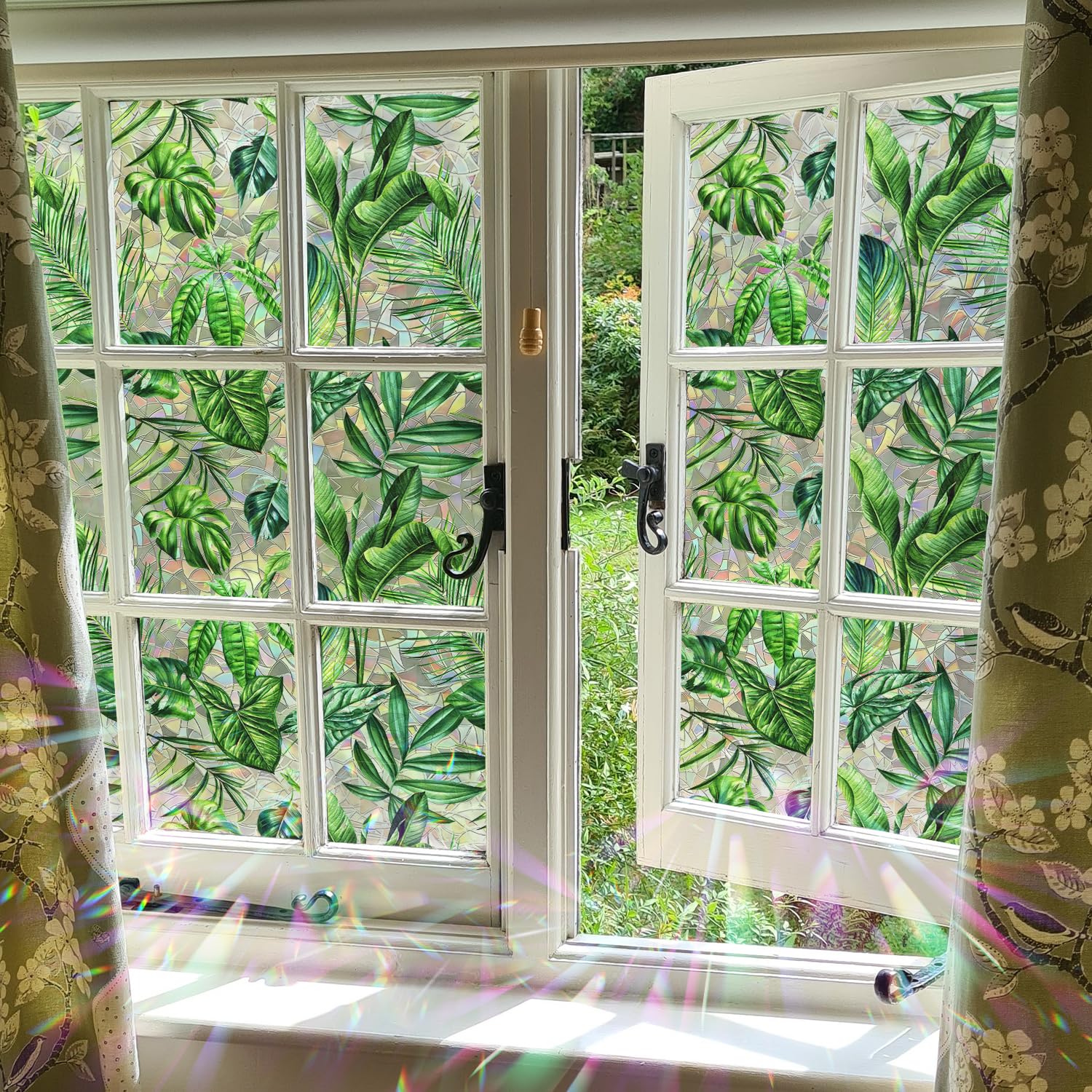 rainbow window privacy film tropical cling for kitchen bay window, tropical jungle16.92 x78.74