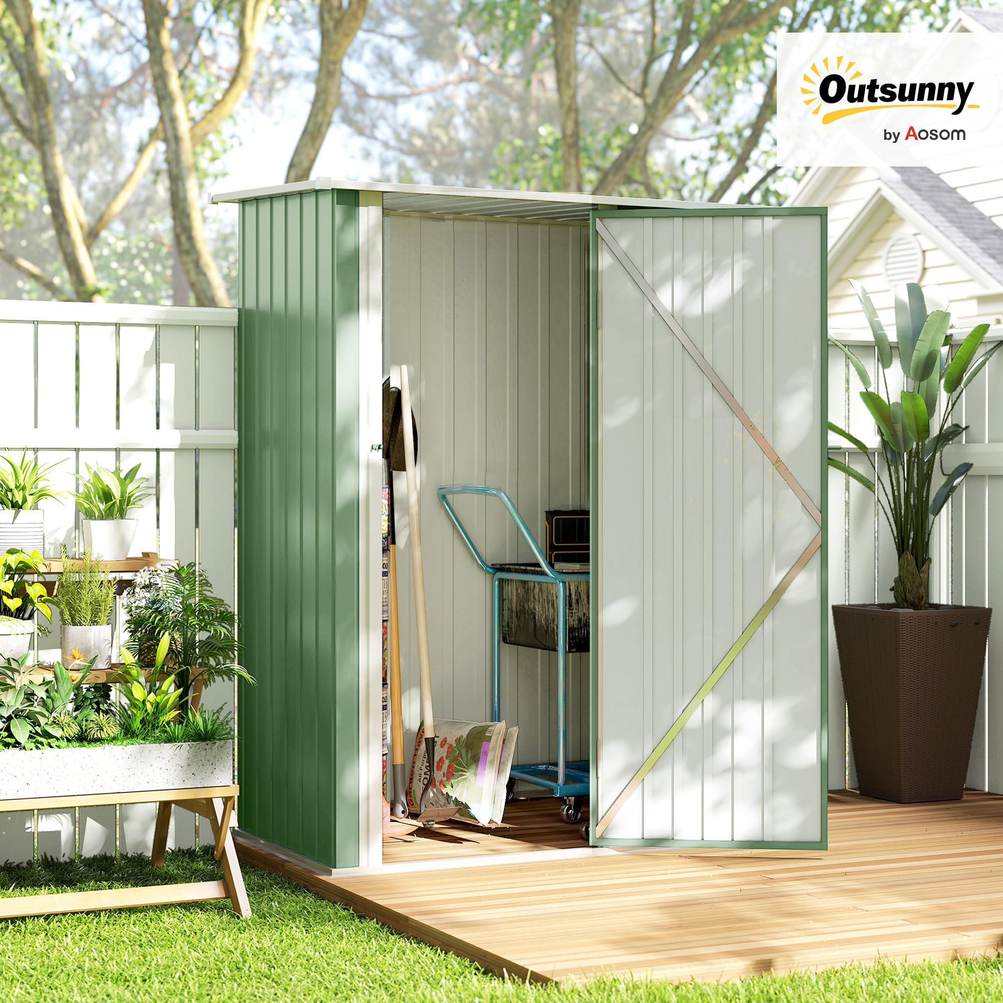 Outsunny Casetta da Giardino 1.07m² Acciaio Zincato Porta Attrezzi 142x86x189 cm Verde Chiaro