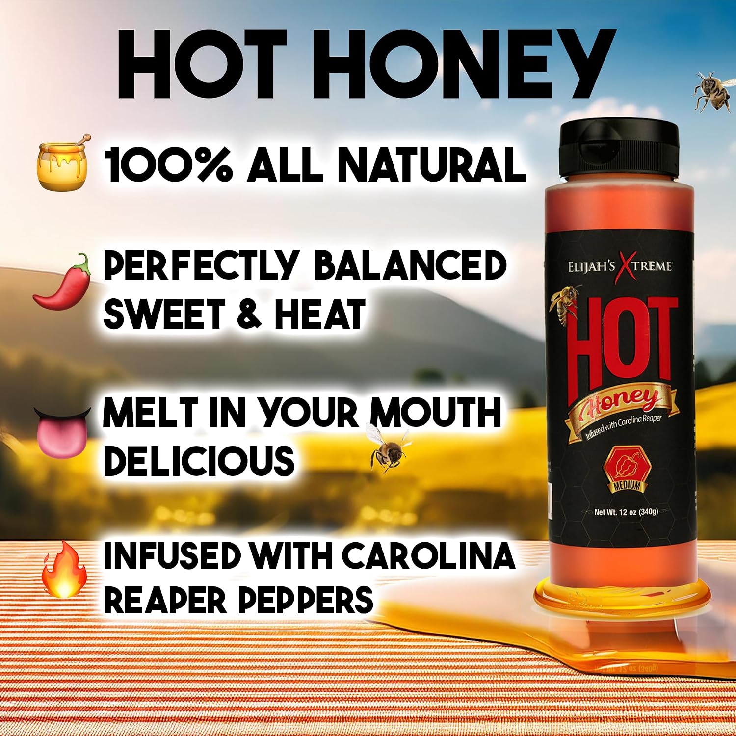 Elijah's Xtreme Hot Honey, 100% All Natural Pure Honey Infused with Carolina Reaper Peppers, Medium Heat Sweet & Spicy Honey Sauce Flavor, 12 oz Bottle image 4
