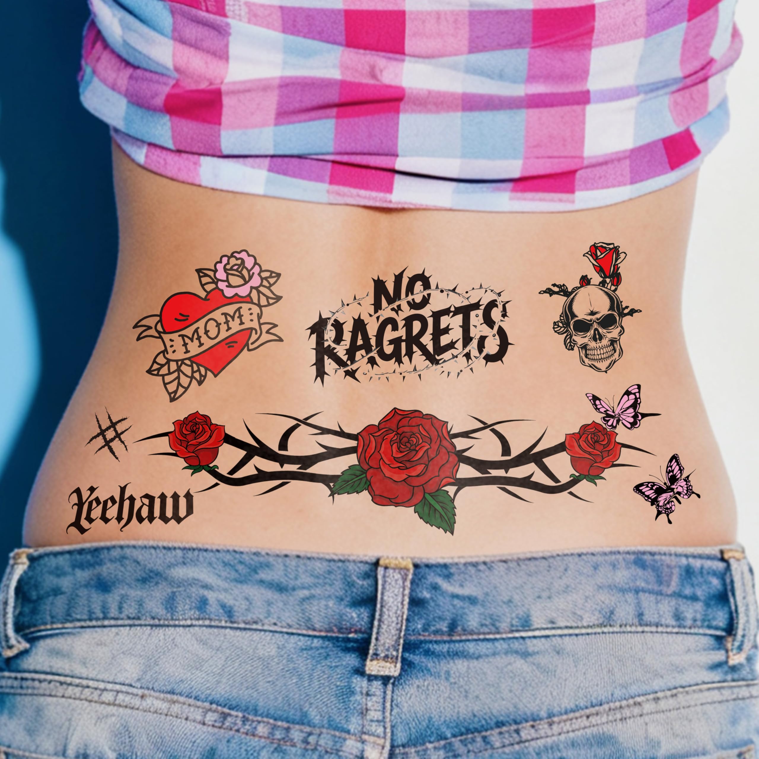 Temporary Fake Tattoos Y2K Accessories for Adult Women, Tramp Stamp White Trash Bachelorette No Ragrets Tattoo, White Trailer Trash Attire Women Party Decorations 4 Sheets