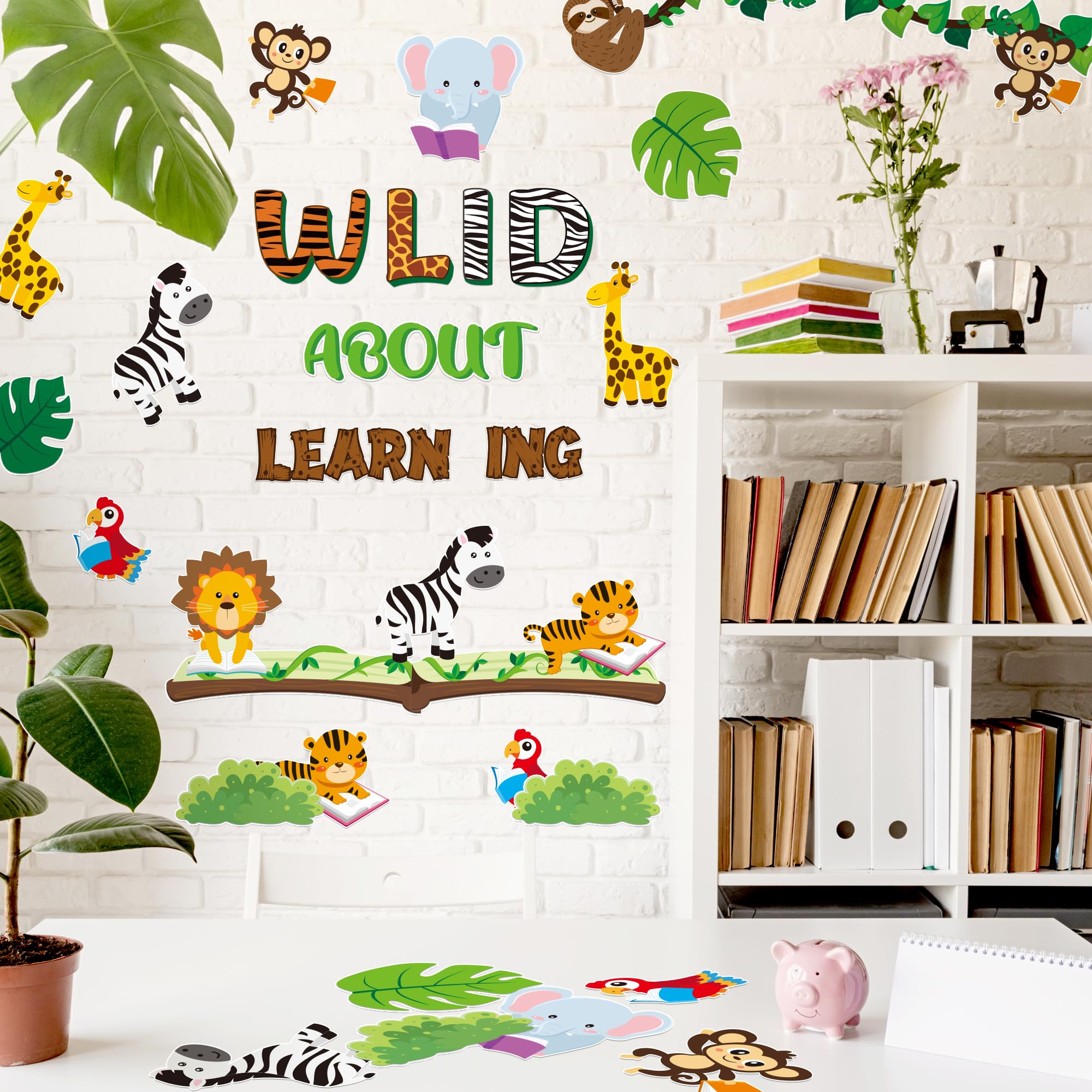 91Pcs Wild About Learning Animals Bulletin Board Back to School Classroom Decoration Wild Animals Leaves Cutouts Learning Book Study Wall Decals for Preschool Chalkboard Window Door Supplies - Image 4