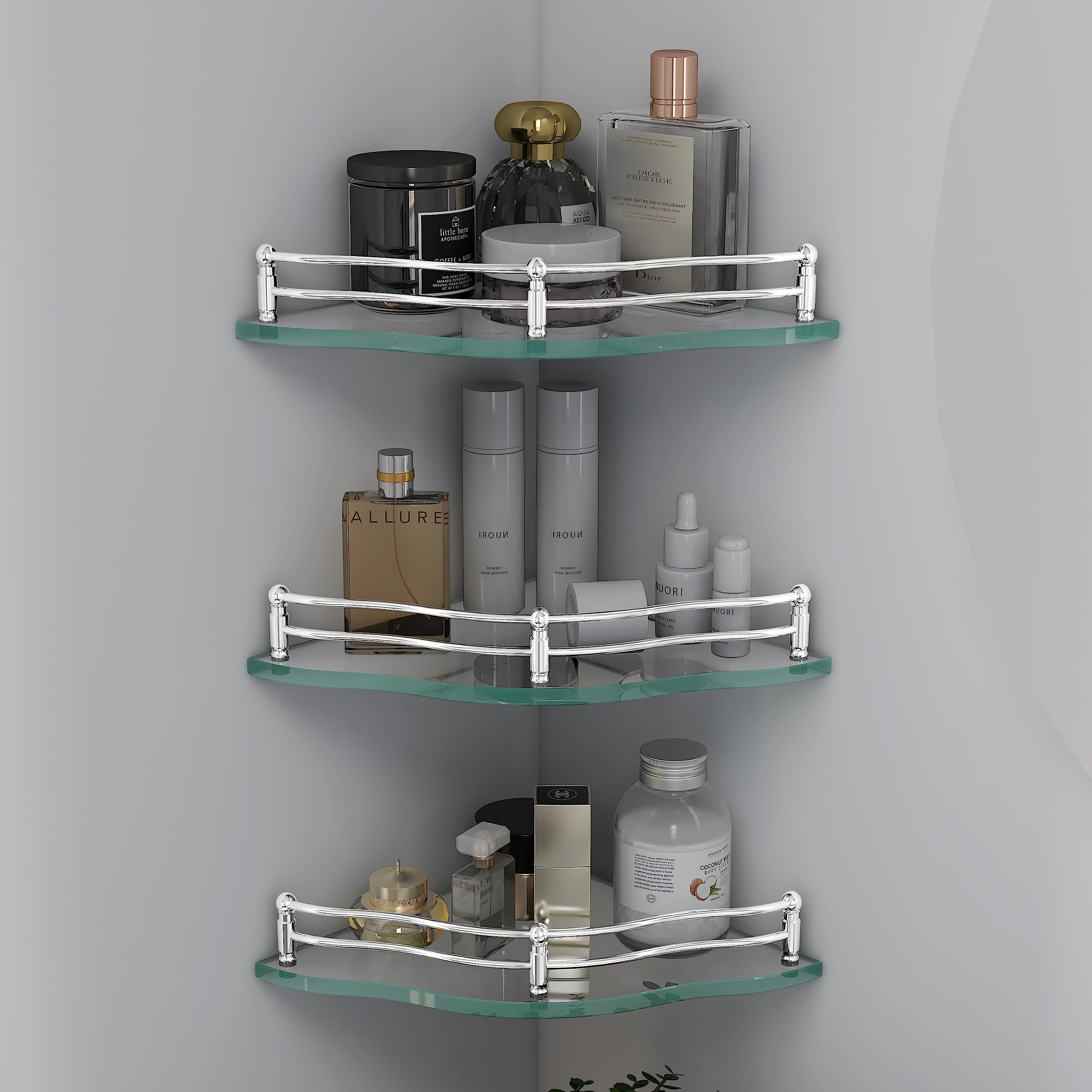 Plantex Glass Corner Shelf for Bathroom Wall/Kitchen Corner Shelf/Bathroom Glass Shelf-Flower Shape (Transparent -9x9 Inches - Pack of 3)