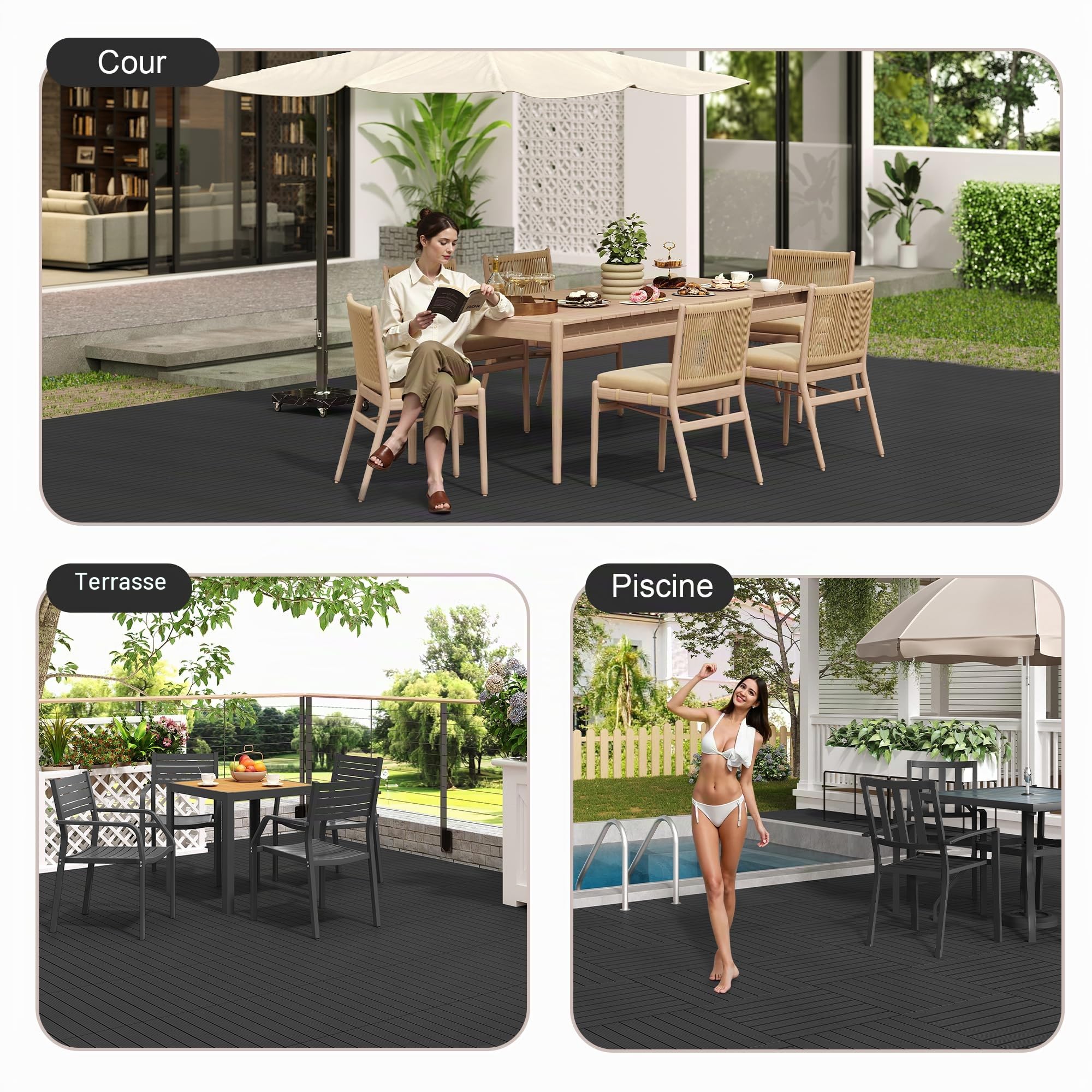 Laneetal Dalle de Terrasse WPC Emboîtable, Lot de 12 Carreaux de Sol Extérieur à Clipser pour Patio, Terrasse, Balcon, Piscine, 30x60 cm, Anthracite