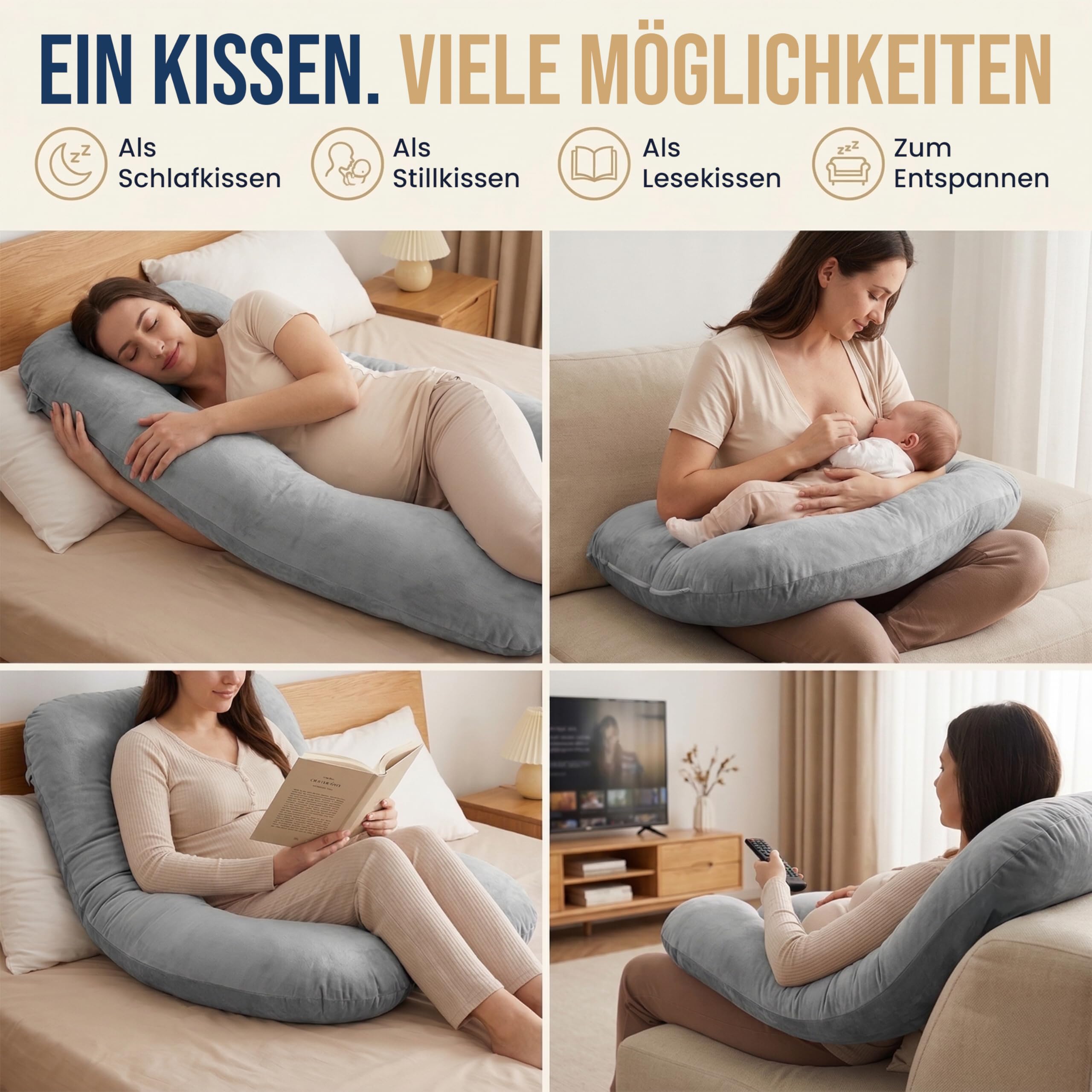 Seitenschläferkissen mit Bezug waschbar Flexible Füllung Stillkissen XXL Pregnancy Pillow Schwangerschaftskissen