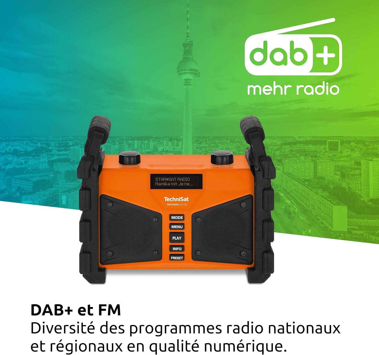 TechniSat DIGITRADIO 230 OD displaying DAB+ logo and radio information