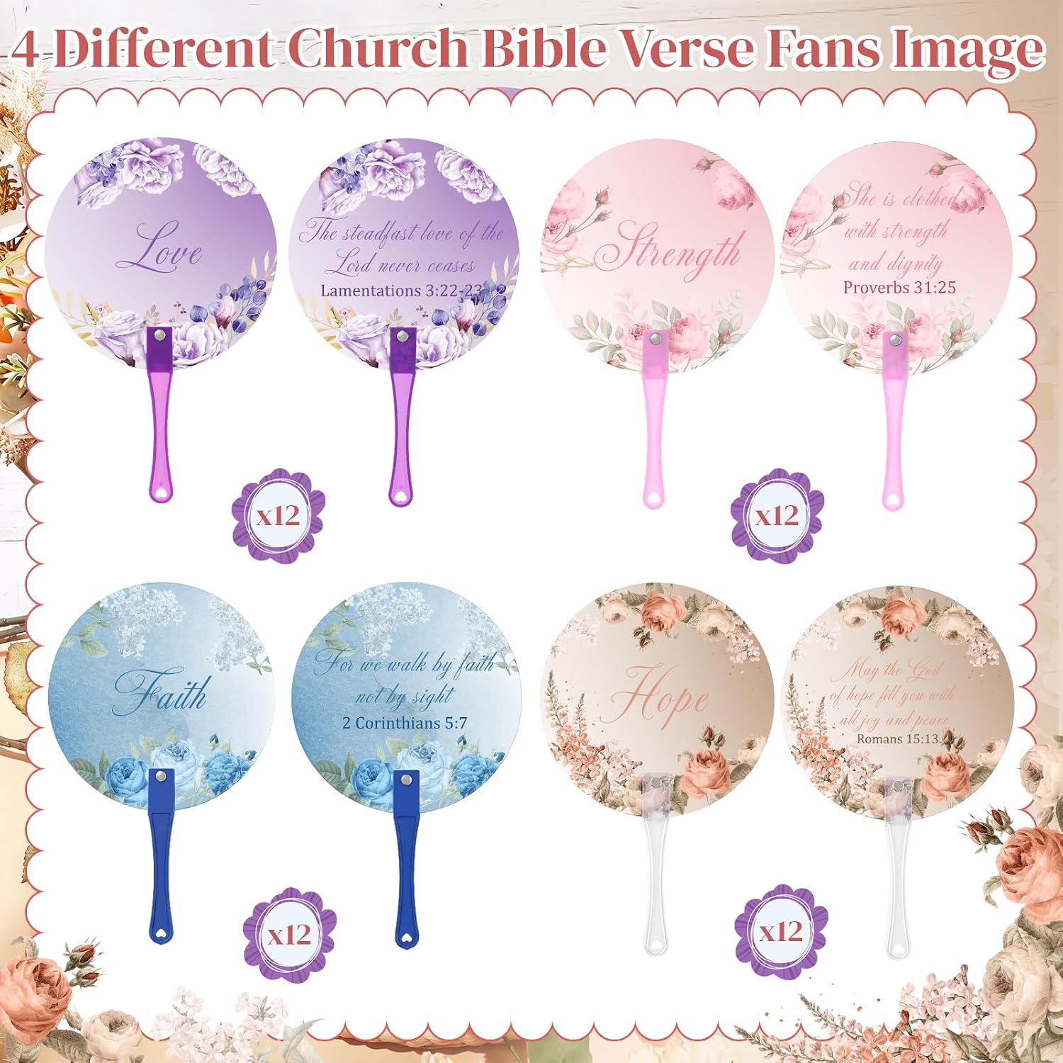 CroBlissful 48 Pcs Christian Church Fans Bulk Blessed Church Plastic Religious Hand Held Fans Bulk Religious Gifts for Women Men (Stylish)