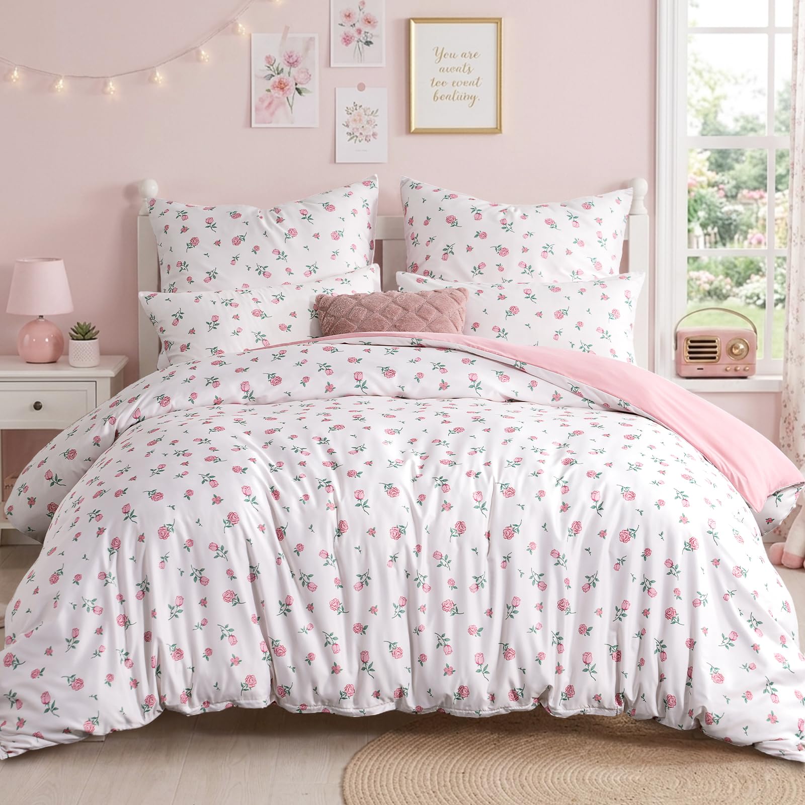 RUIKASI King Size Duvet Cover Sets - Floral Rose Kingsize Bedding Set Soft Microfiber Quilt Cover with 2 Pillowcases, Pink 230x220 cm