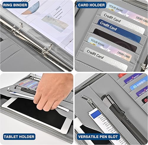 Miniatura 3 de Deziliao Carpeta organizadora de 3 anillas, organizador de documentos, cartera de negocios de piel sintética de 10.4 pulgadas con cremallera,