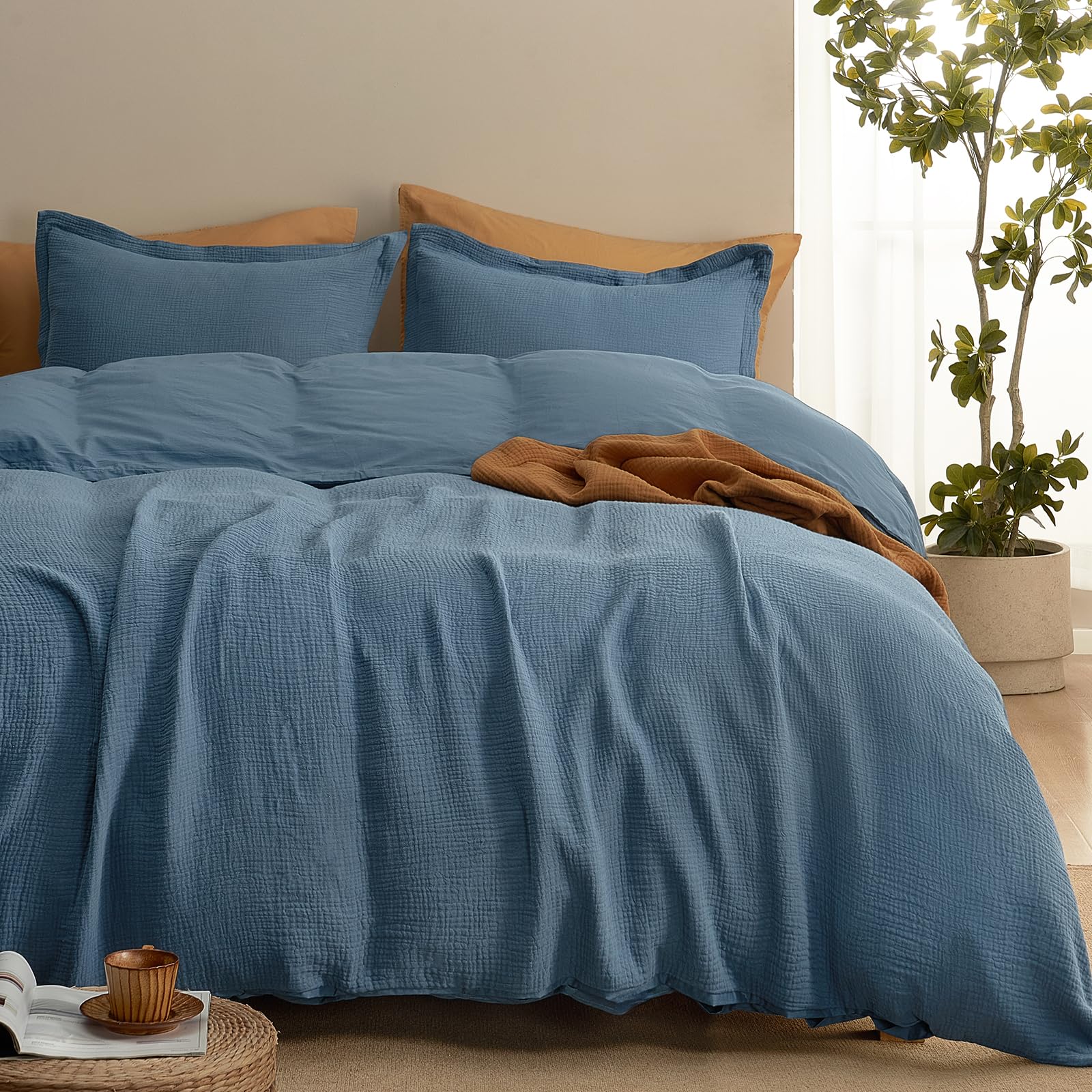 PHF 100% Cotton Muslin Duvet Cover Queen Size, 3-Layer Guaze Ultra Soft Breathable Textured Linen Like, 3pcs Bedding Comforter Cover for All Season,Duvet Set with 2 Pillow Shams,90"x90",Captain's Blue