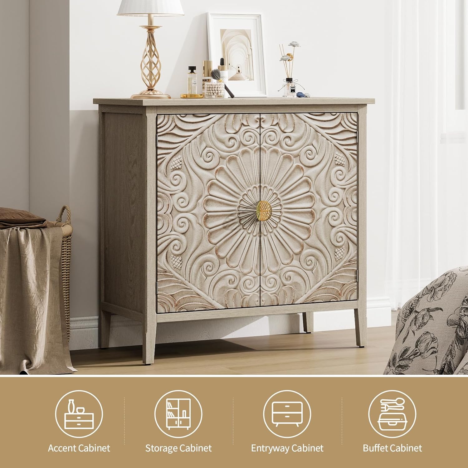 Sideboard Buffet Cabinet with 2 Carved Door Panels and Adjustable Shelf Storage, As Tv Stand、Sofa Table, Wood Credenza for Living Room, Dining Room, Kitchen, Office, Set of 2