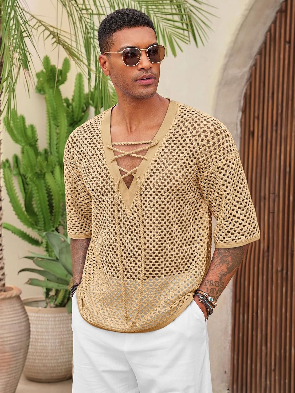 Runcati Mens Lace Up Beach Shirts Hollow Out V Neck Half Sleeve T Shirts Knit Crochet See Through Summer Tops - Image 3