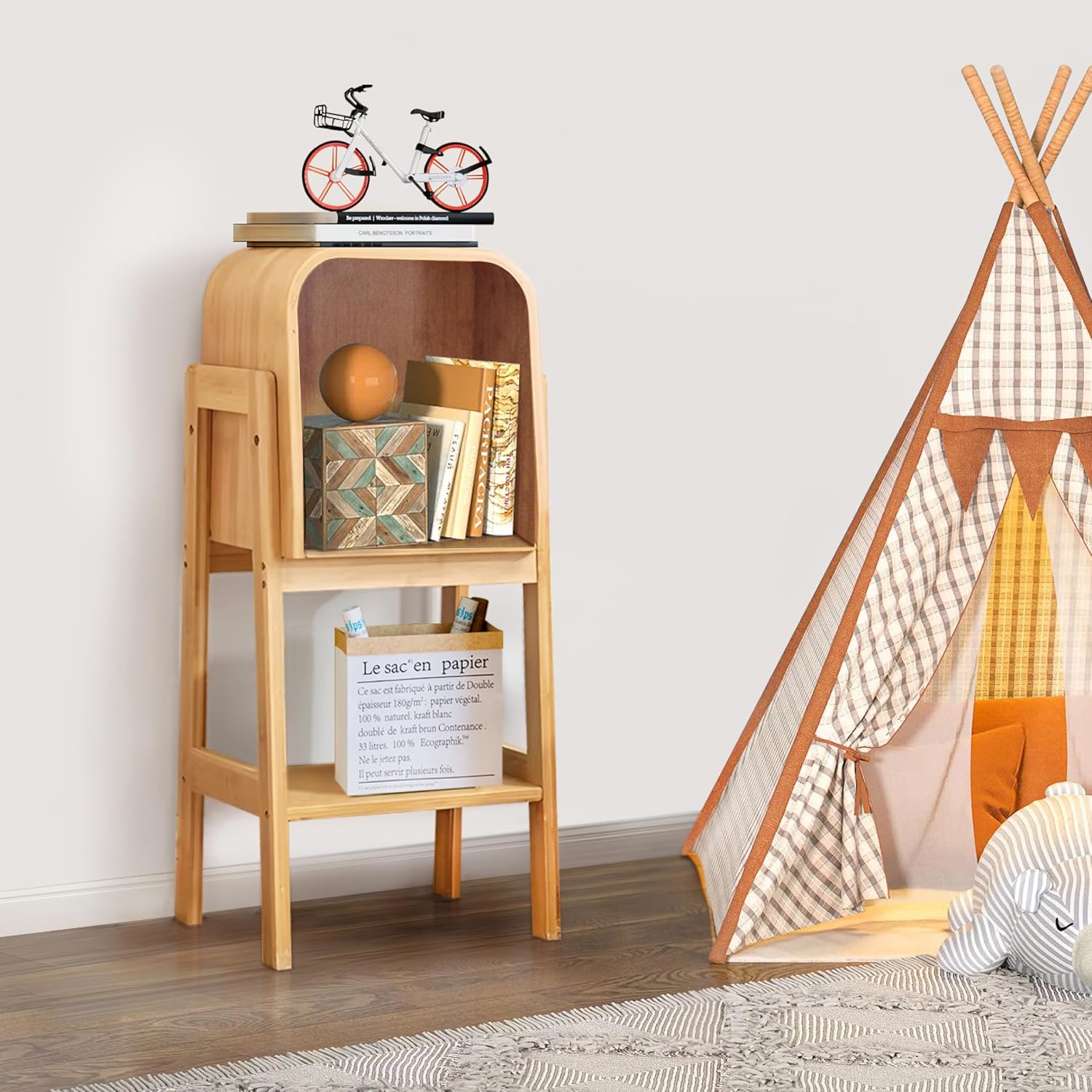 Bamboo Stackable DIY Bookshelf, Book Storage Cabinets Stand Modern Rack Bamboo Shelf Nightstands Set with Open Storage Compartment, Creative Rounded Edges Bedside Table for Bedroom Living Room, 2-Tier