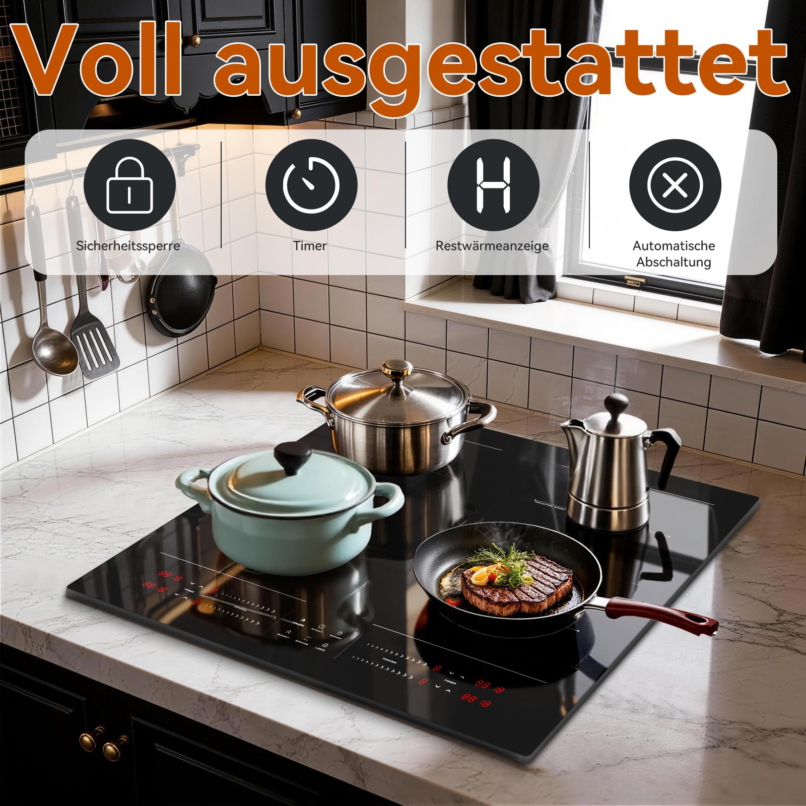 Hobsir Induktionskochfeld 60cm 4 Platten 7200W mit Flexzone Schwarz | Glaskeramikkochfeld 4 zonen Touch-Bedienung, separat steuerbare Kochfelder, Kinderhalte, Boost & Timer, Heizfunktion & Pause