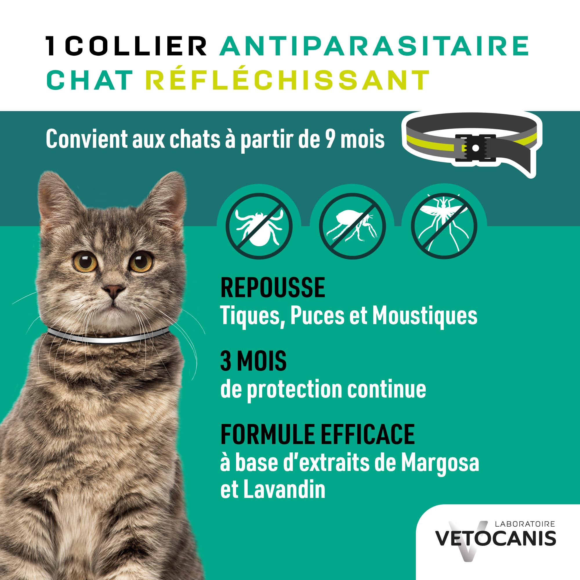 Vetocanis | Collar Antiparasitario Gatos | Protección y Tratamiento Antiparasitario Gatos | Eficaz 3 Meses | Para Gatos de + de 9 Meses | Banda Reflectante | Formulado bajo Control Veterinario
