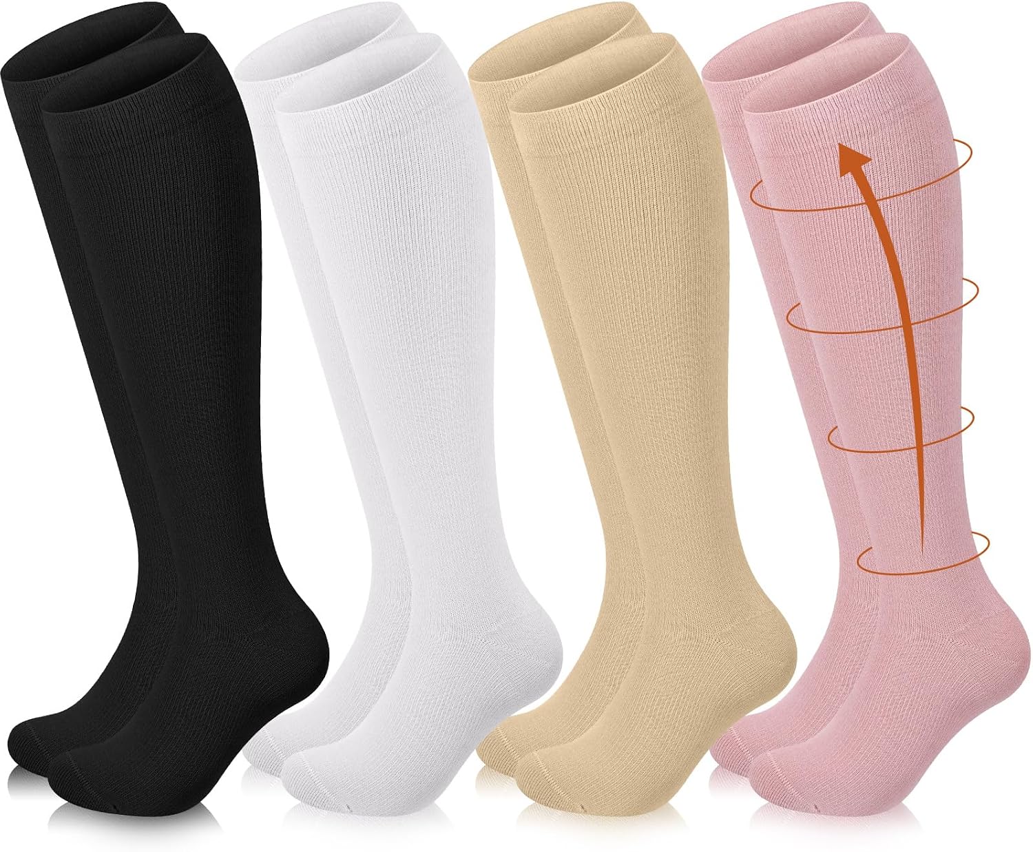 Tisancy 4 Pairs Cotton Compression Socks for Women Men 20-30 Mmhg Knee High Support Socks for Nurse Pregnant Sports Travel