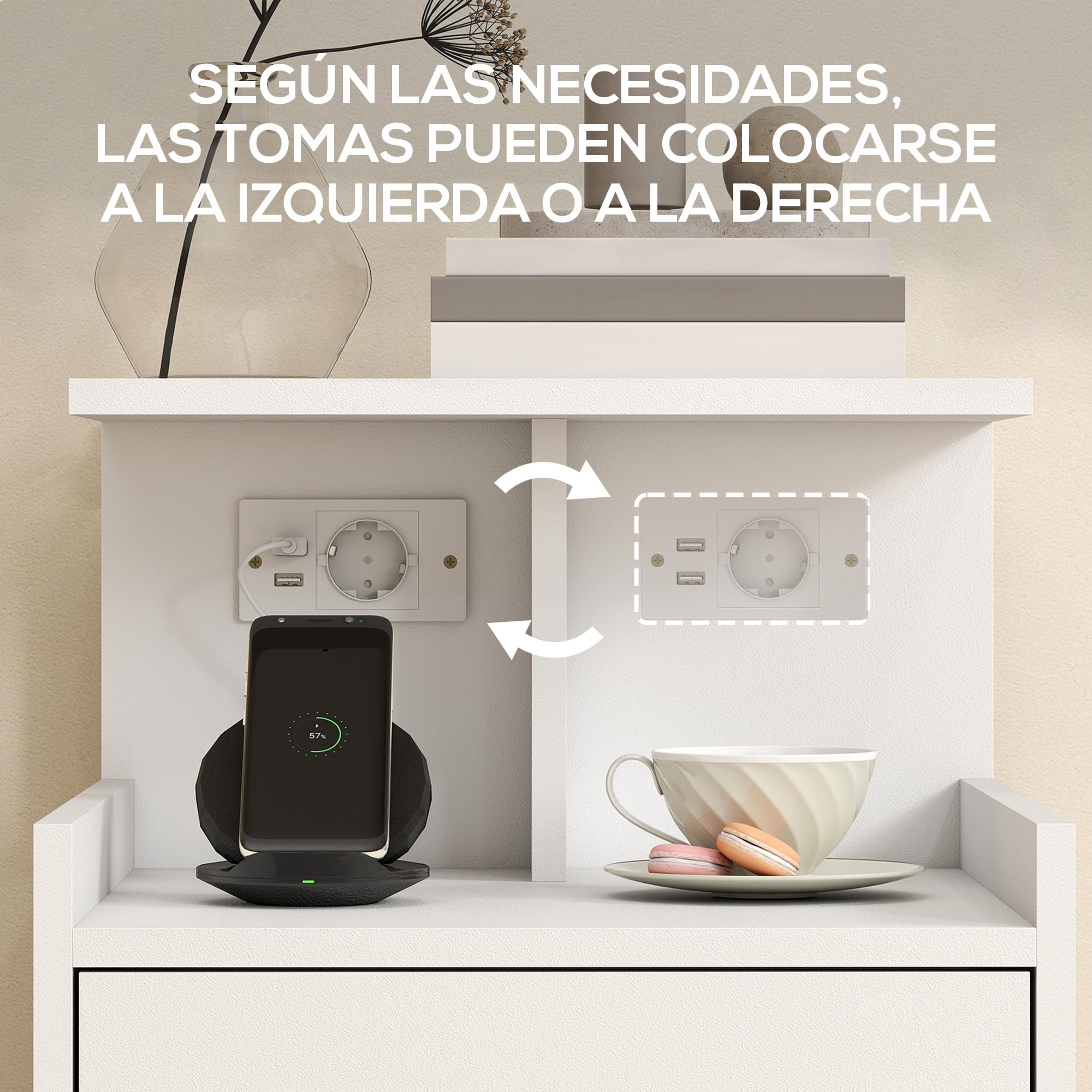HOMCOM Mesita de Noche con Estación de Carga Cajón 40x40x60 cm Blanco | Mesilla de Noche Dormitorio, Puertos USB, Estantes Abiertos, para Salón, Estudio
