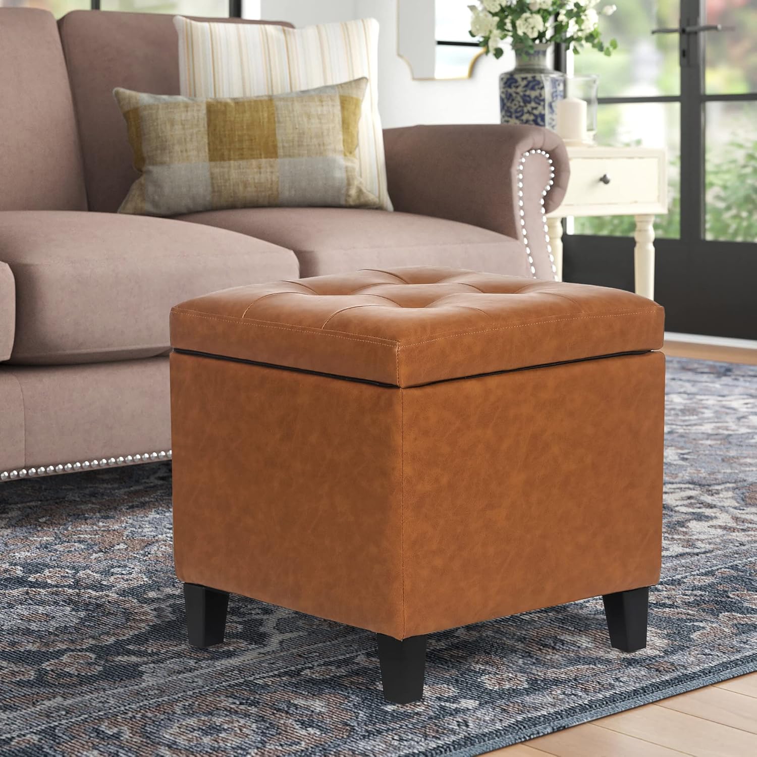 18" Square Leather Storage Ottoman with Hinged Lid, Tufted Foot Rest Stool, Multi-Functional Cube Seat, Sturdy Faux Leather Footstool for Living Room Bedroom, Cognac Brown