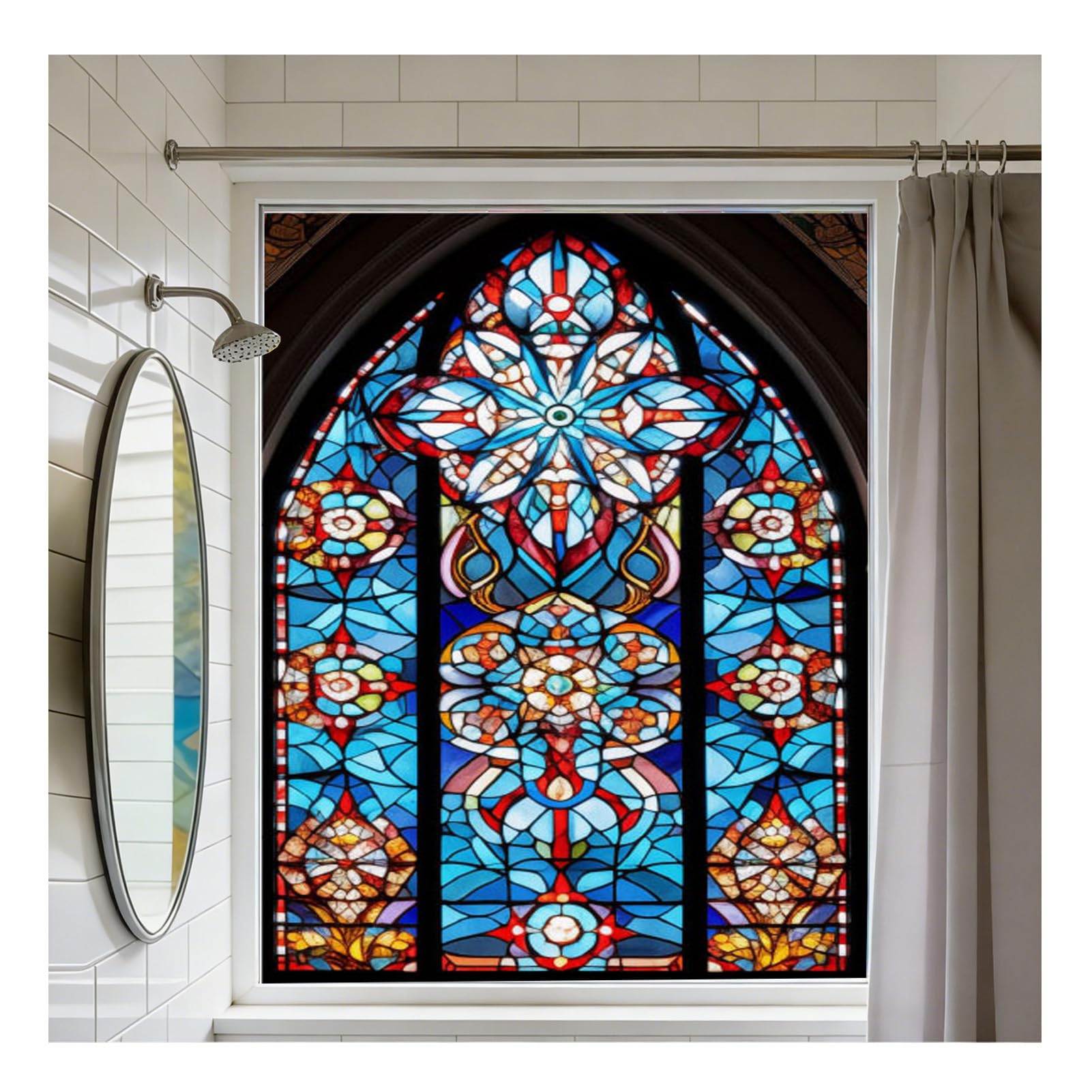 Gotisches Spitzbogen Rosettenfenster Buntglas Sichtschutz Fensterfolie statisch haftend Fensterbehandlungen Glasaufkleber dekorative Folie für Glastür und Heimdekoration,Color 1,70x120cm