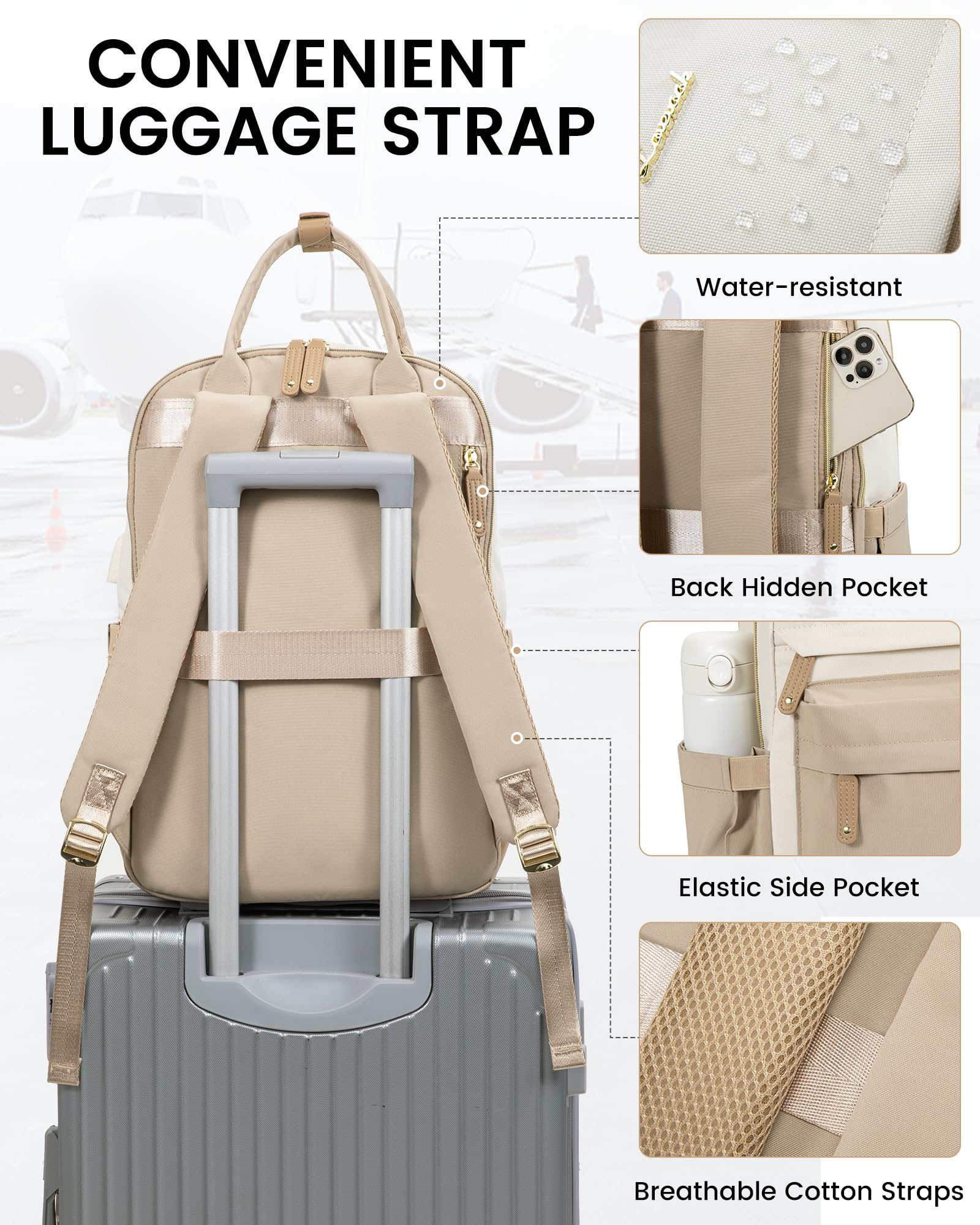 LOVEVOOK Zaino Porta PC Donna, 15.6 Pollici Zaino da Viaggio Scuola Università Grande, Impermeabile Zaino Lavoro Ufficio Antifurto Elegante, Computer Laptop Travel Backpack Waterproof Cachi