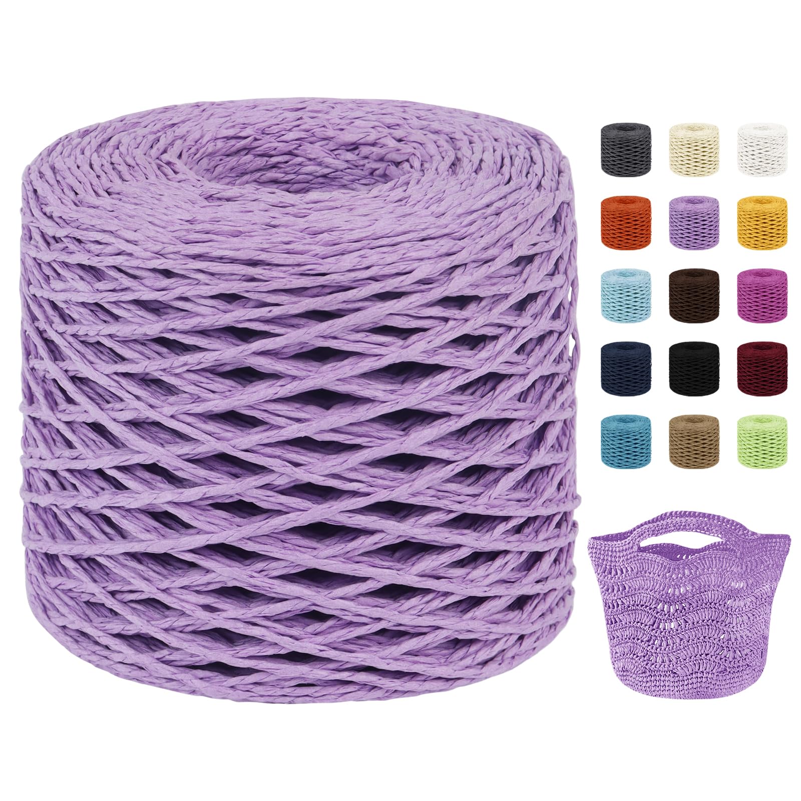 Uiopa Raffia Yarn for Crochet, 2mm x 200m Raffia Paper String Straw Crochet Yarn for Crocheting Beach Bags, Sun Hats, Home Decor, DIY Crafts (Light Purple)