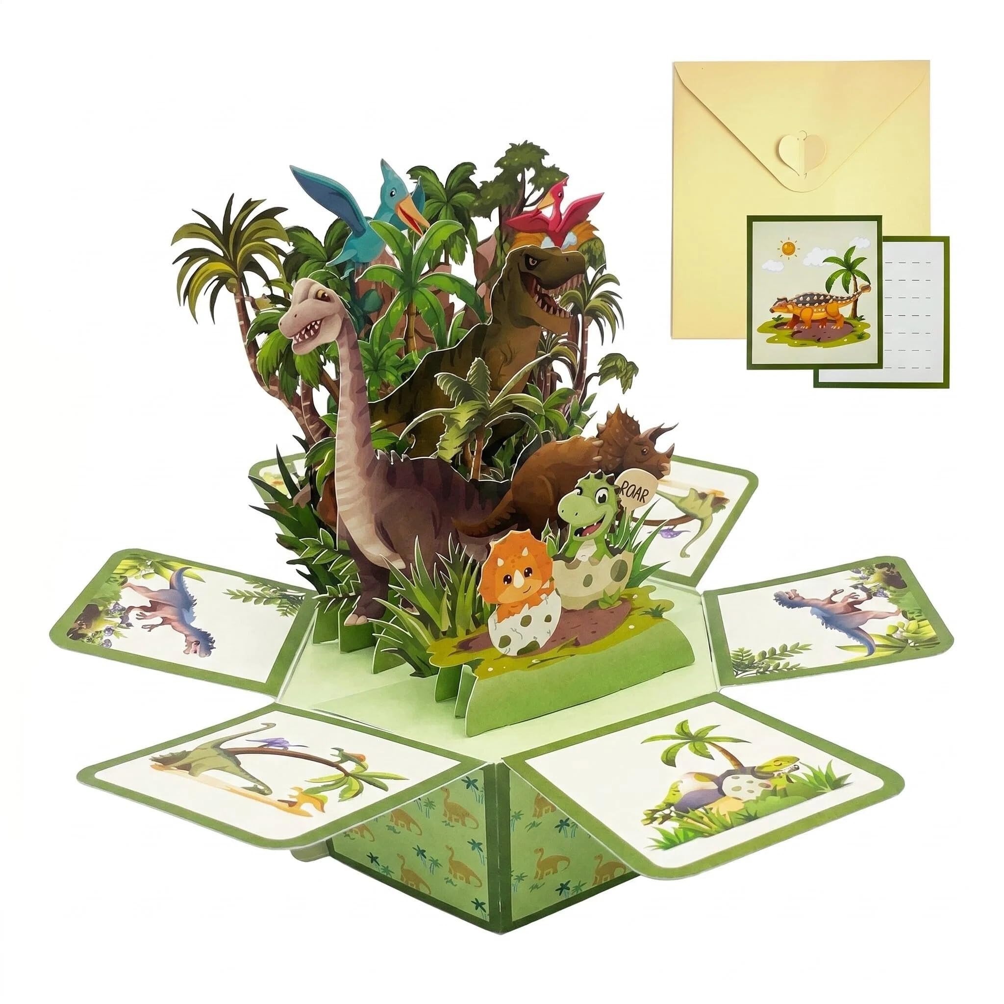 MIGIFTDY Dinosaur Pop Up Card, 3D Birthday Greeting Card with Envelope & Message Card, Jurassic Dino Pop-Up Card for Kids Boys Dinosaur Lovers