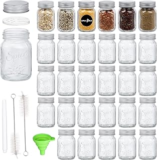 30 Pack 4oz Glass Mason Spice Jars Bottles, Empty Round Containers with Silver Airtight Metal Caps and Pour/Sift Shaker Lid