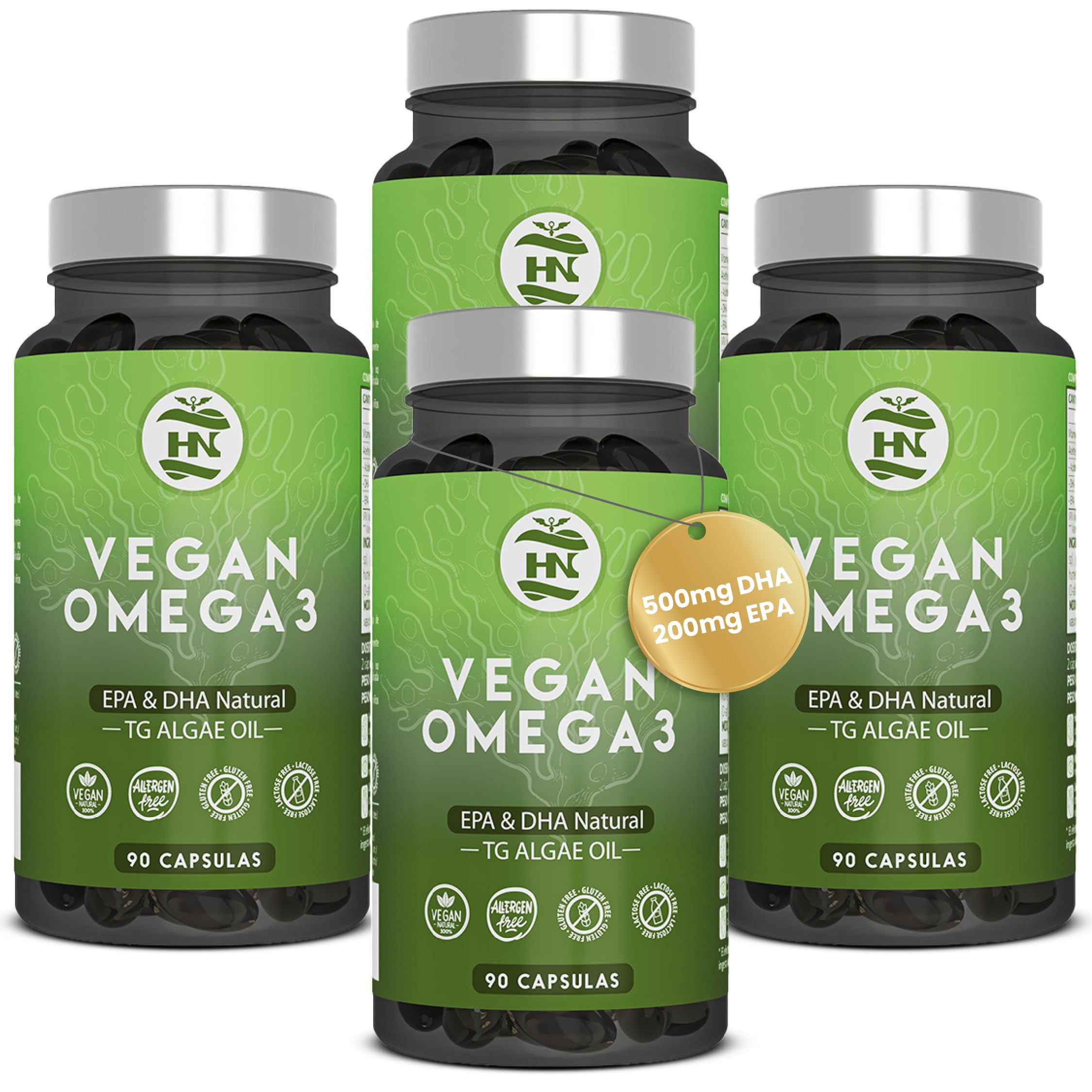 Omega 3 Vegano de Algas (90 Caps) Omega-3 Aceite de Algas equilibrado con DHA y EPA, Omega3 Algas Marinas con Vitamina E, Ideal para Cerebro y Corazón, Suplemento para Veganos-Vegetarianos (4 Botes)