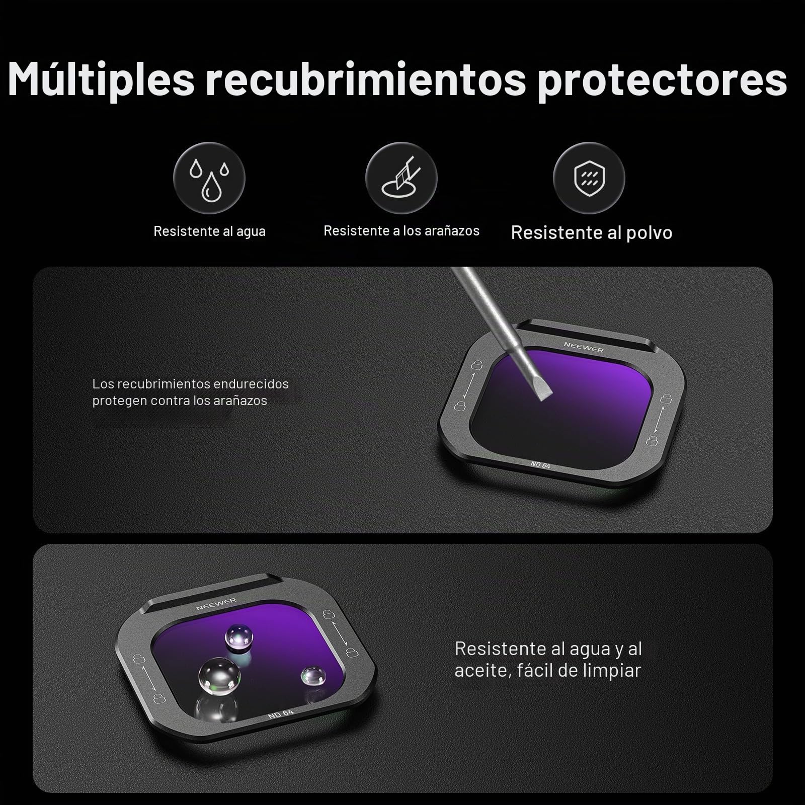 NEEWER Kit de Filtro Objetivos Teléfono (Paquete de 5), Black Diffusion 1/4/ND8/ND16/ND32/ND64 Filtros Liberación Rápida Cristal HD, Compatible Solo con iPhone 16 Pro (PA073) & 16Pro MAX (PA074) Cage