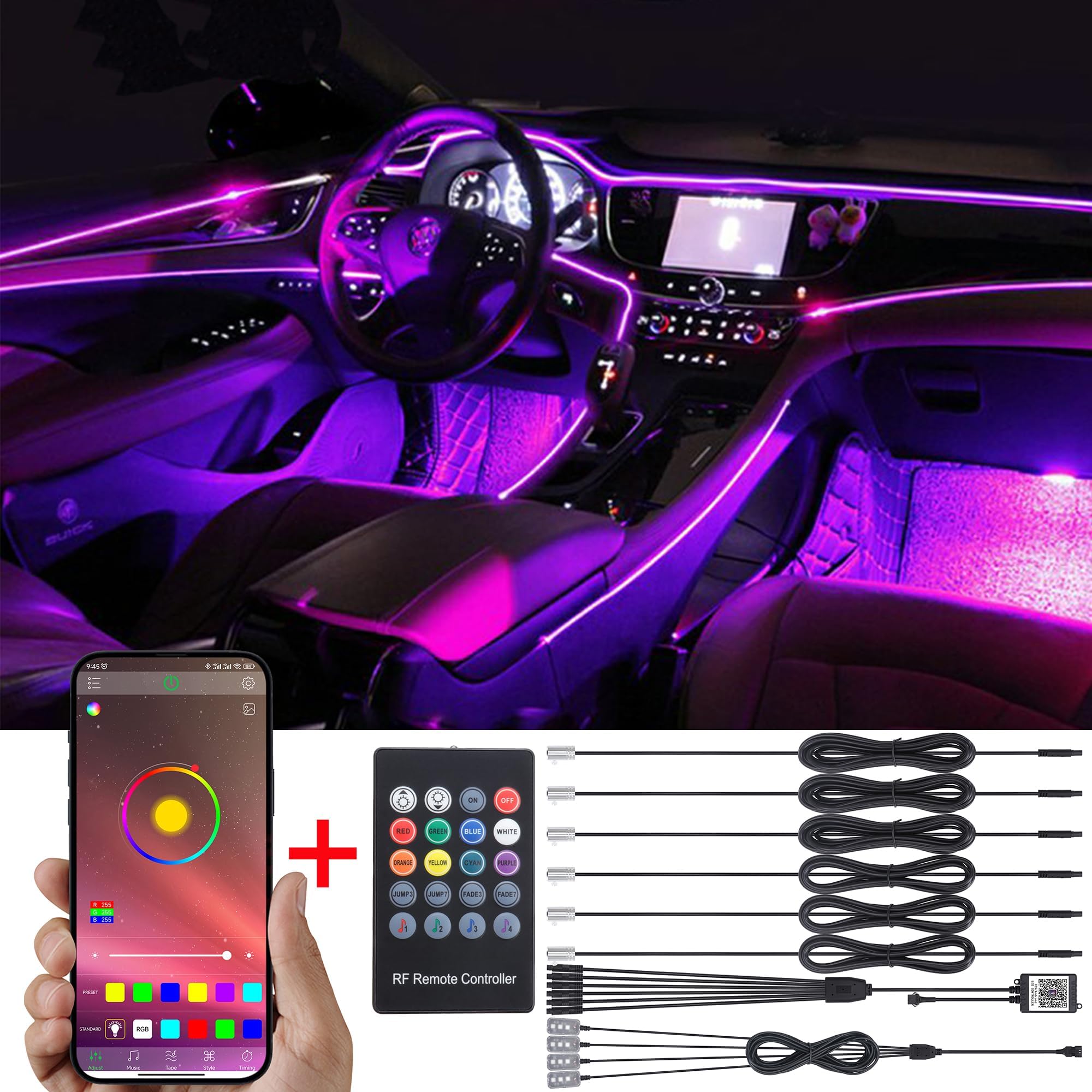 TABEN Car Interior Decoration Atmosphere Light RGB Remote + APP Control + Bright Foot Light Car Interior Lighting Kit with 8 Colors Waterproof Car Atmosphere Neon Lights Strip for Car 1W DC12V