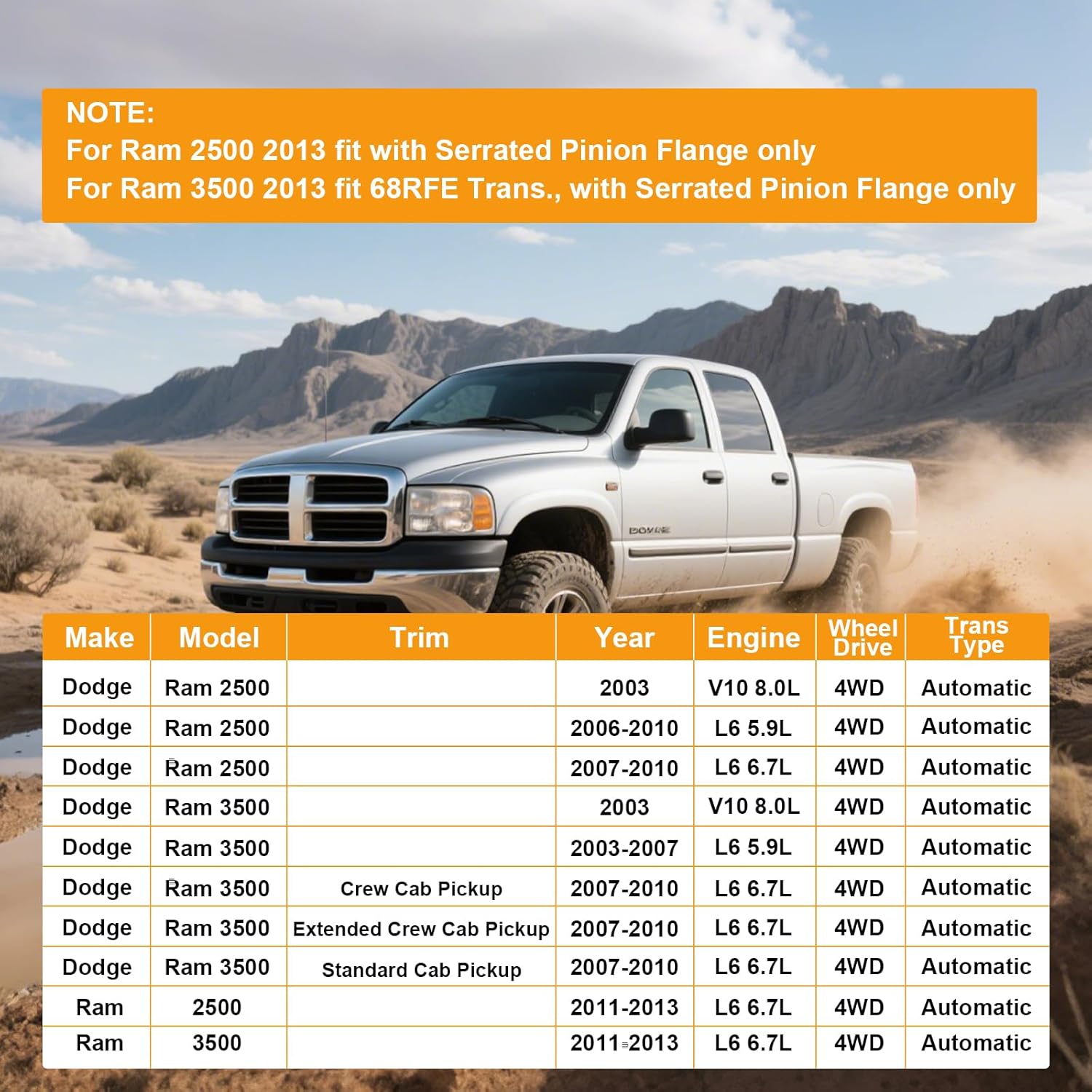 Front Drive shaft Assembly Fit for 2003-2010 Dodge Ram 2500 3500 5.9L/6.7L/8.0L, for 2011-2013 Ram 2500 3500 6.7L [4WD, Auto-Trans], Complete Driveshaft Replaces 52123326AB, 938-163