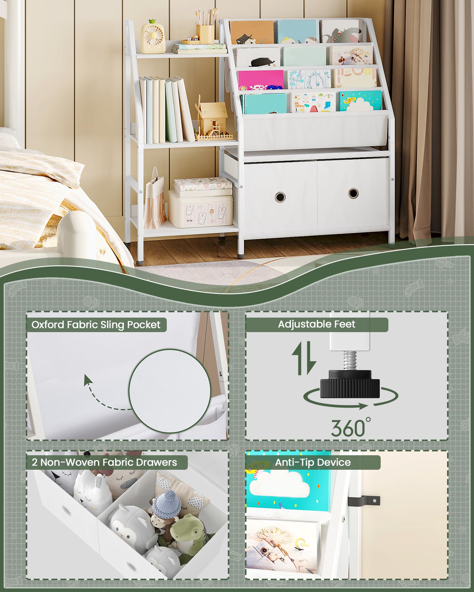 CHOEZON Estantería para niños de 39.4 pulgadas, estantería de 4 niveles para habitación de los niños, estante de libros para niños con estante de almacenamiento de juguetes de 3 niveles y 2 cajones