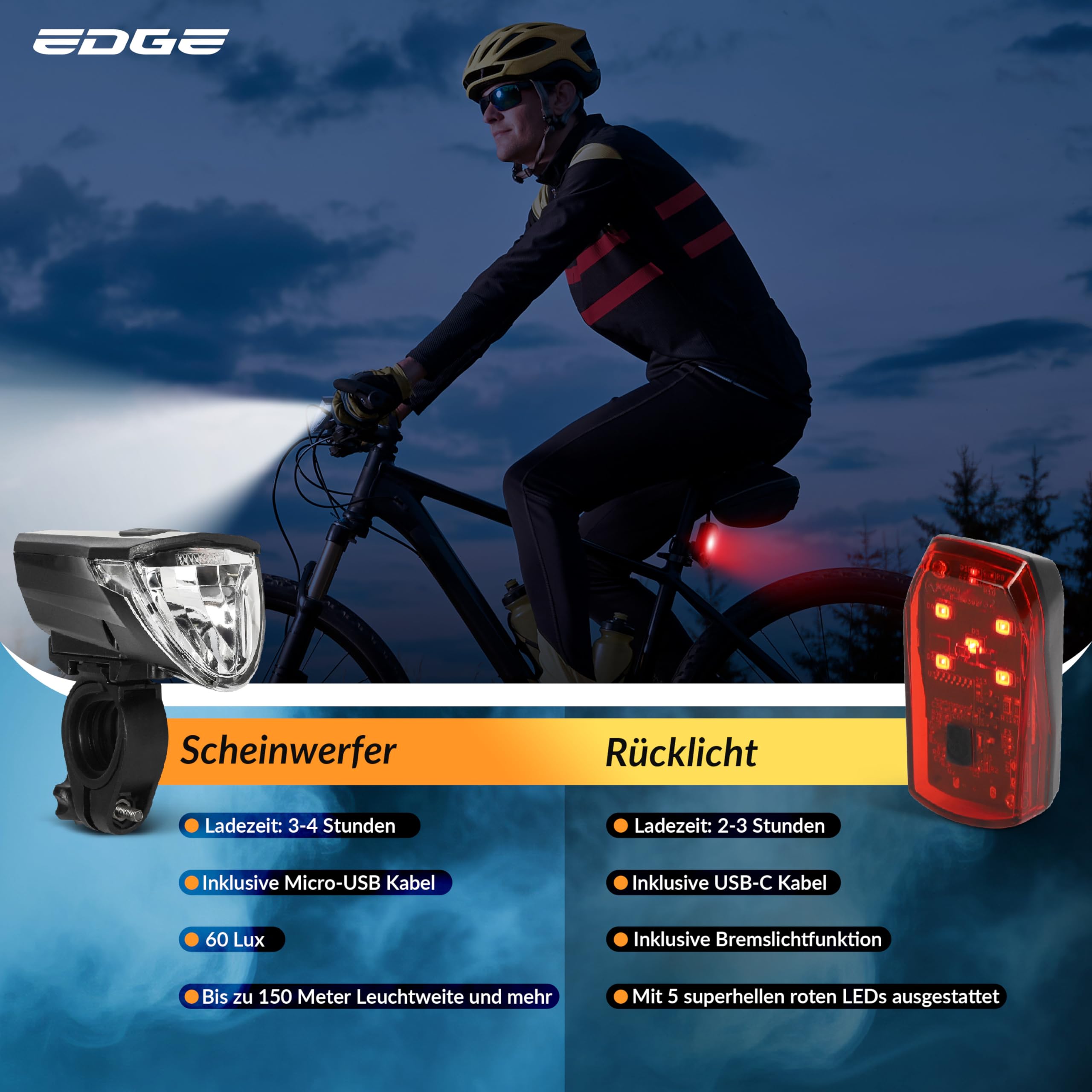 Edge Razor 60 Lux – Set di luci per bicicletta – Batteria per bicicletta con luce posteriore – Omologato StVZO, ricarica USB, funzione luce freno – Resistente agli spruzzi d'acqua IPX4 – Lampada da