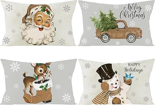 K1tpde Juego de 4 fundas de almohada vintage de color gris de Navidad de 12 x 20 pulgadas, fundas de almohada para decoración del hogar, fundas de