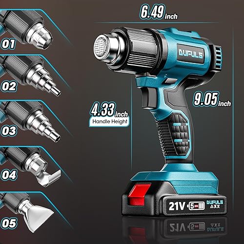 Miniatura 5 de Dufuls Pistola de calor inalámbrica para batería Makita de 18 V, kit de pistola de aire caliente con 2 baterías, 5 boquillas portátiles, pistola de