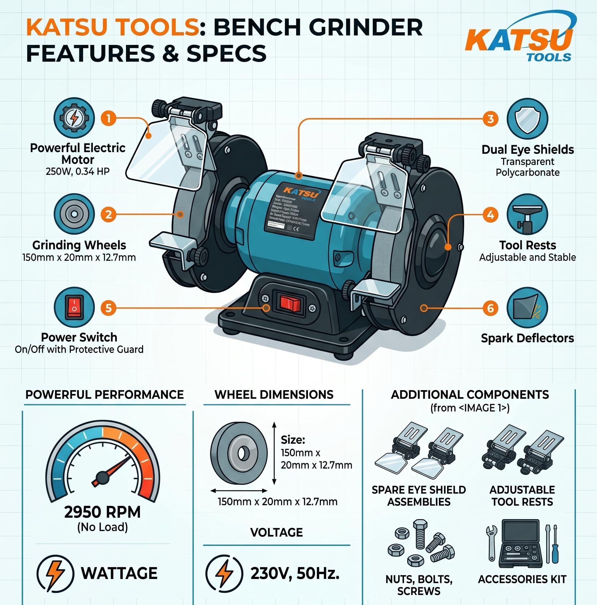 KATSU Tools Amoladora de banco de 250 W, 150 mm (6 pulgadas), disco abrasivo grueso y fino, lijadora y pulidora para lijar, pulir y afilar 100195