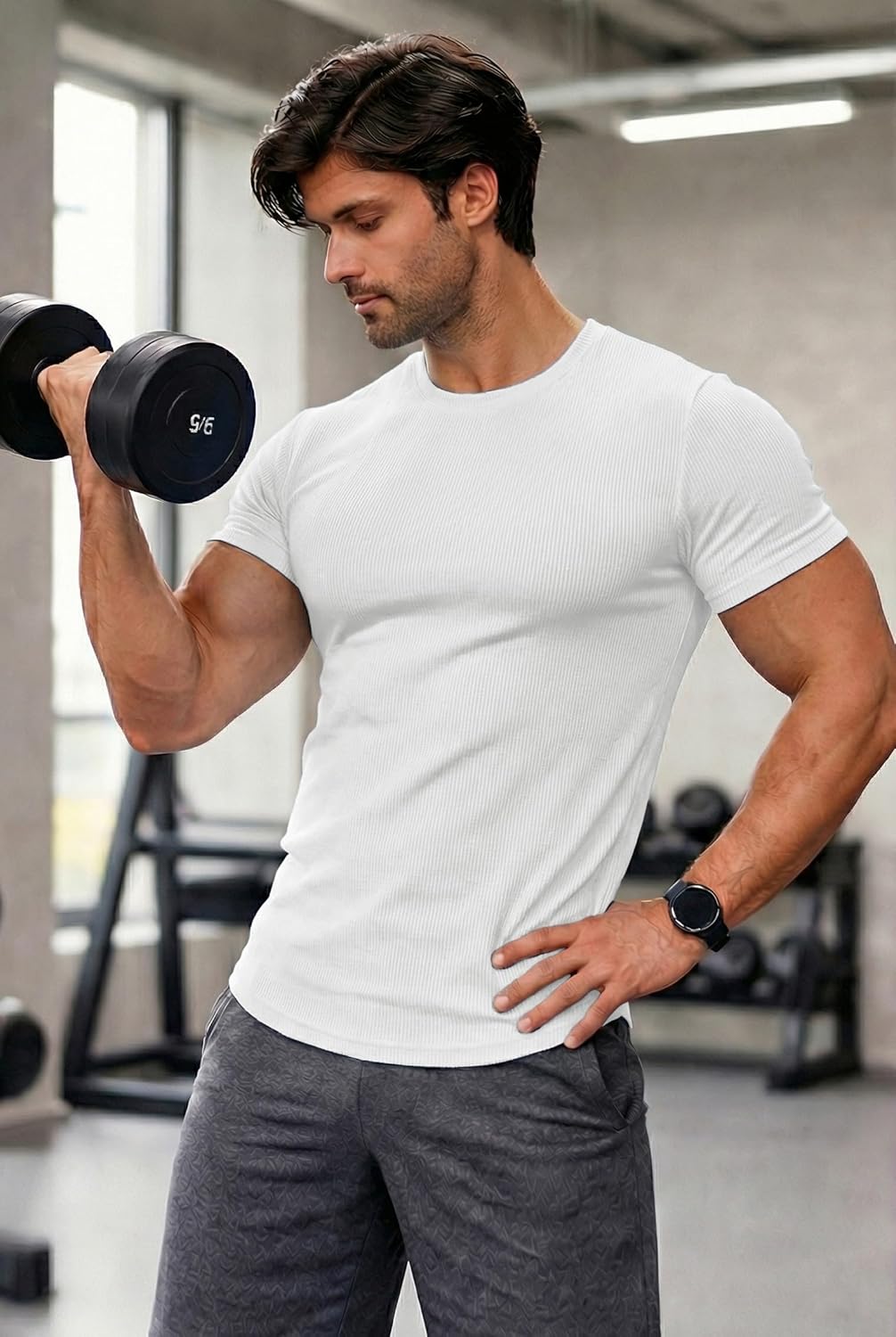 JMIERR Mens Short Sleeve T Shirt Summer Muscle Slim Fitted Crewneck Longline Tees Shirts for Gym Workout - Image 2