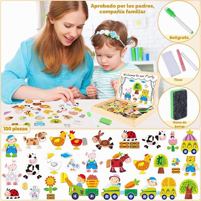 Foto 6 de 6 de COOLJOY Puzzles de Madera, Juguete Educativo con Pizarra Magnética para Dibujo de Doble Cara