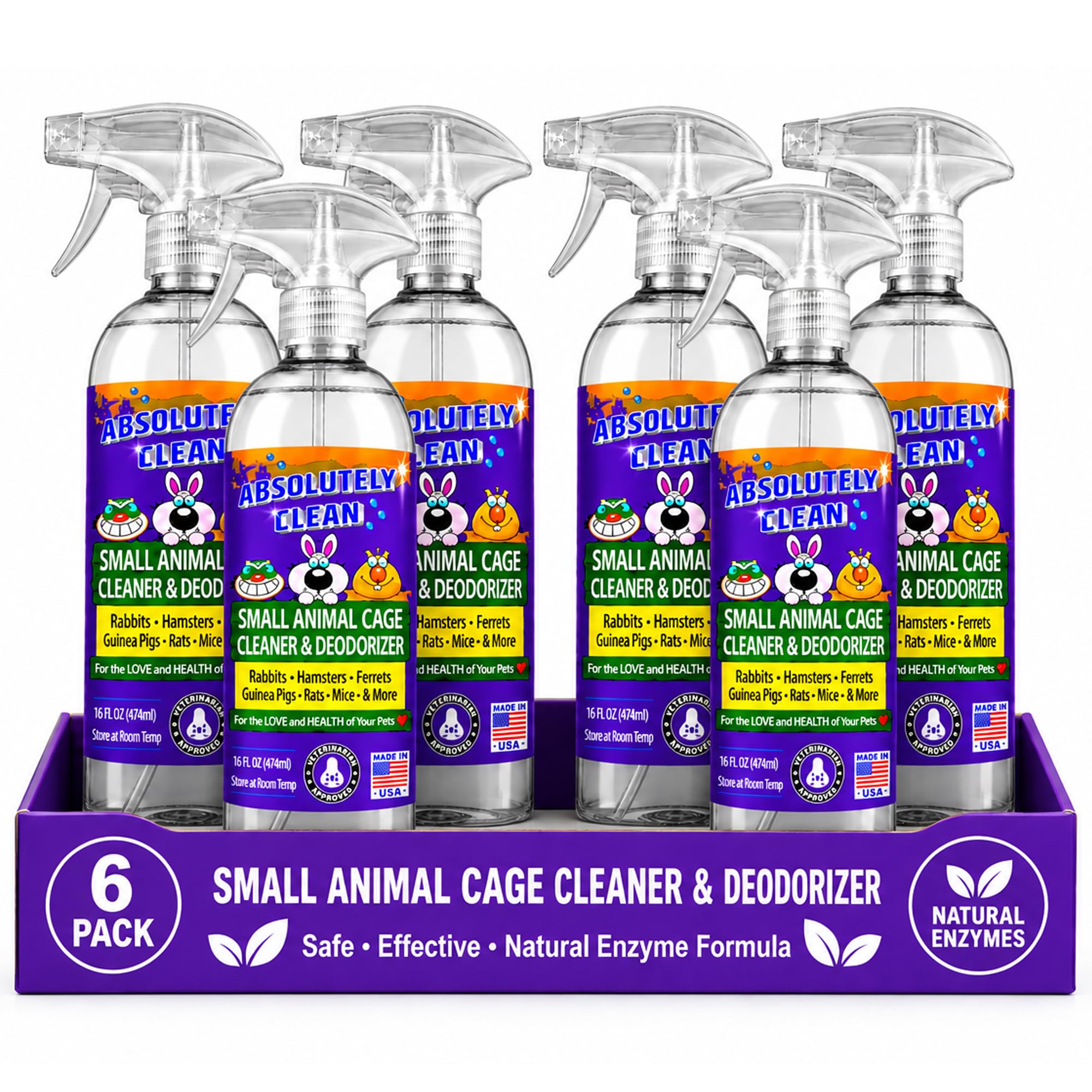 Amazing Small Animal Cage Cleaner, Just Spray/Wipe, Easily Removes Messes &amp; Odors - Hamster Cages, Mice, Rat Cage, Guinea Pig Cage, Rabbit Cage, Ferret Cage, Dog Cage - USA Made - (16 Fl Oz Pack of 6)
