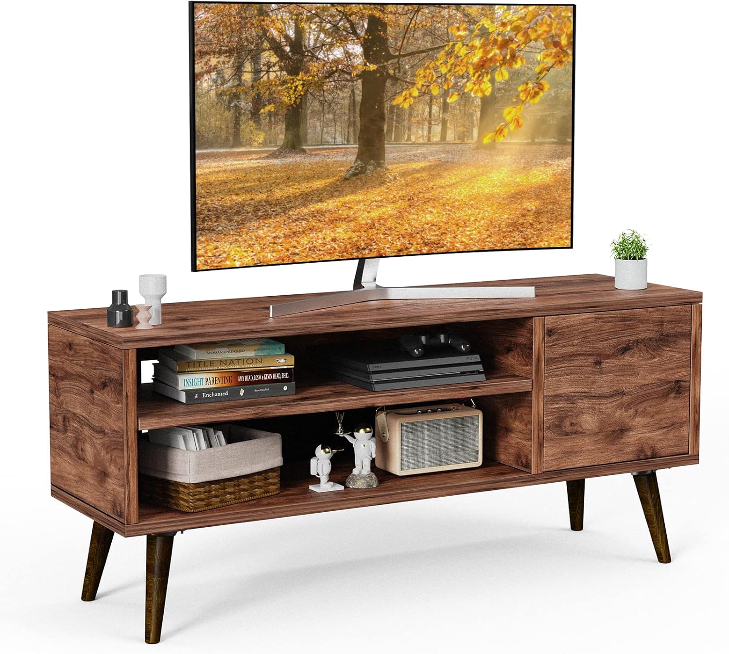 Retro TV Stand with Storage Cabinet for TVs up to 55 inch, TV Console for Media, Mid Century Modern TV Stand & Entertainment Center, Wooden TV Stand for Living Room/Bedroom, Walnut, APRTS01WN : Home & Kitchen