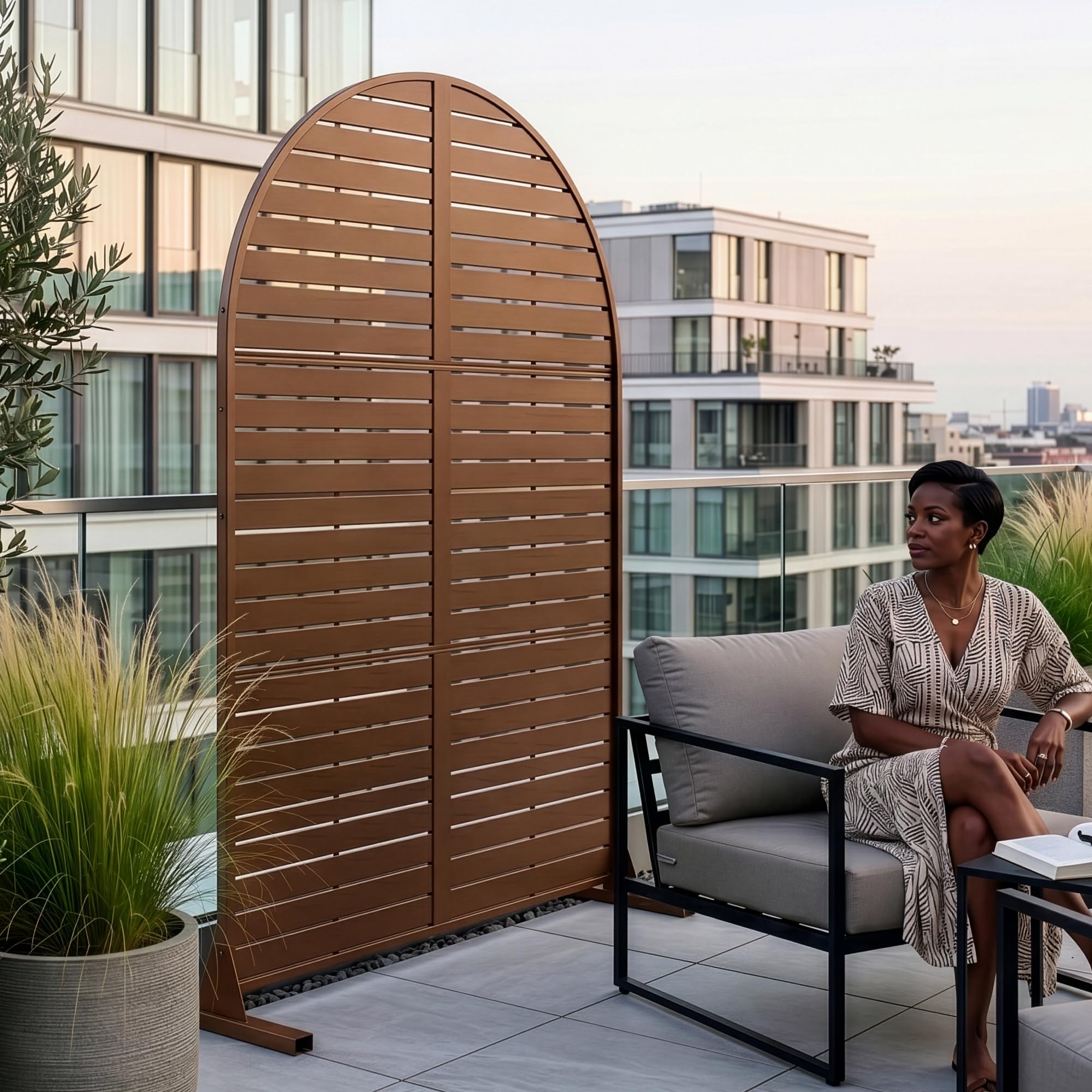 casa.pro Biombo Nordepp diseño Arco Redondeado Acero 180x90x40cm Marrón | Separador de ambientes tabique exterior interior pantalla de privacidad protección contra sol para jardín terraza balcón
