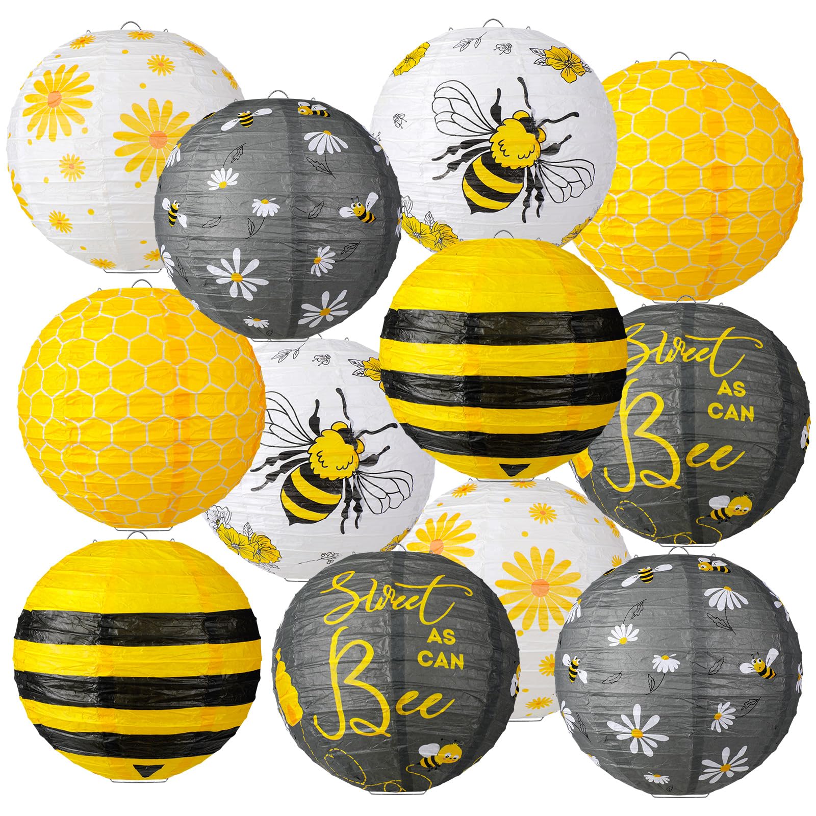 Panelee 12 Pcs Bee Paper Lanterns Party Decorations 8 Inch Hanging Round Hanging Paper Party Decorations for Holiday Indoor Outdoor Supplies