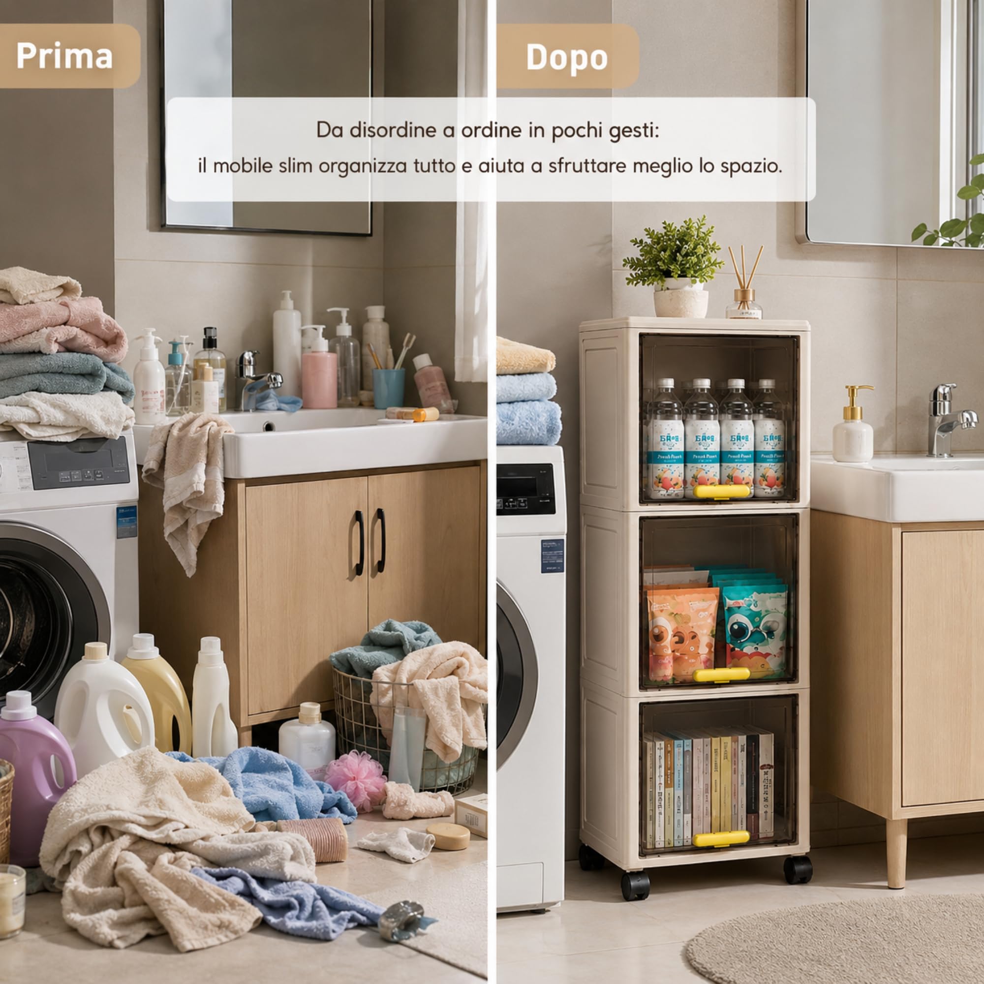 Mobiletto Bagno Salvaspazio 3 Livelli con Ruote - Organizer Salvaspazio ROBUSTO e Ante Trasparenti (20x30x85,5 cm) per Bagno,Cucina e Lavanderia - Carrello Portaoggetti Verticale - Facile da Montare