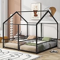 Vista 22 de Cama de metal de tamaño matrimonial con valla para niños, adolescentes, niñas, niños, cama de piso de casa, camas Montessori, se puede decorar marco