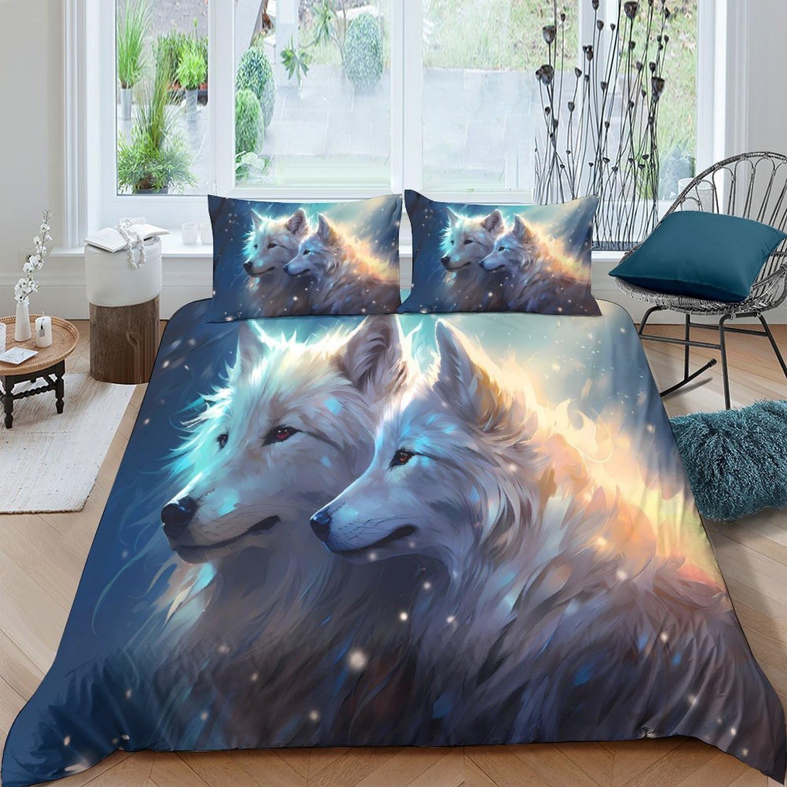 Ctjqhvkz Style-4 3D Printed White Wolf Fitted Sheet Microfiber Soft Animal Night Sky Mattress Cover For Bedroom Dorm Decorative Use Single（135X200cm）